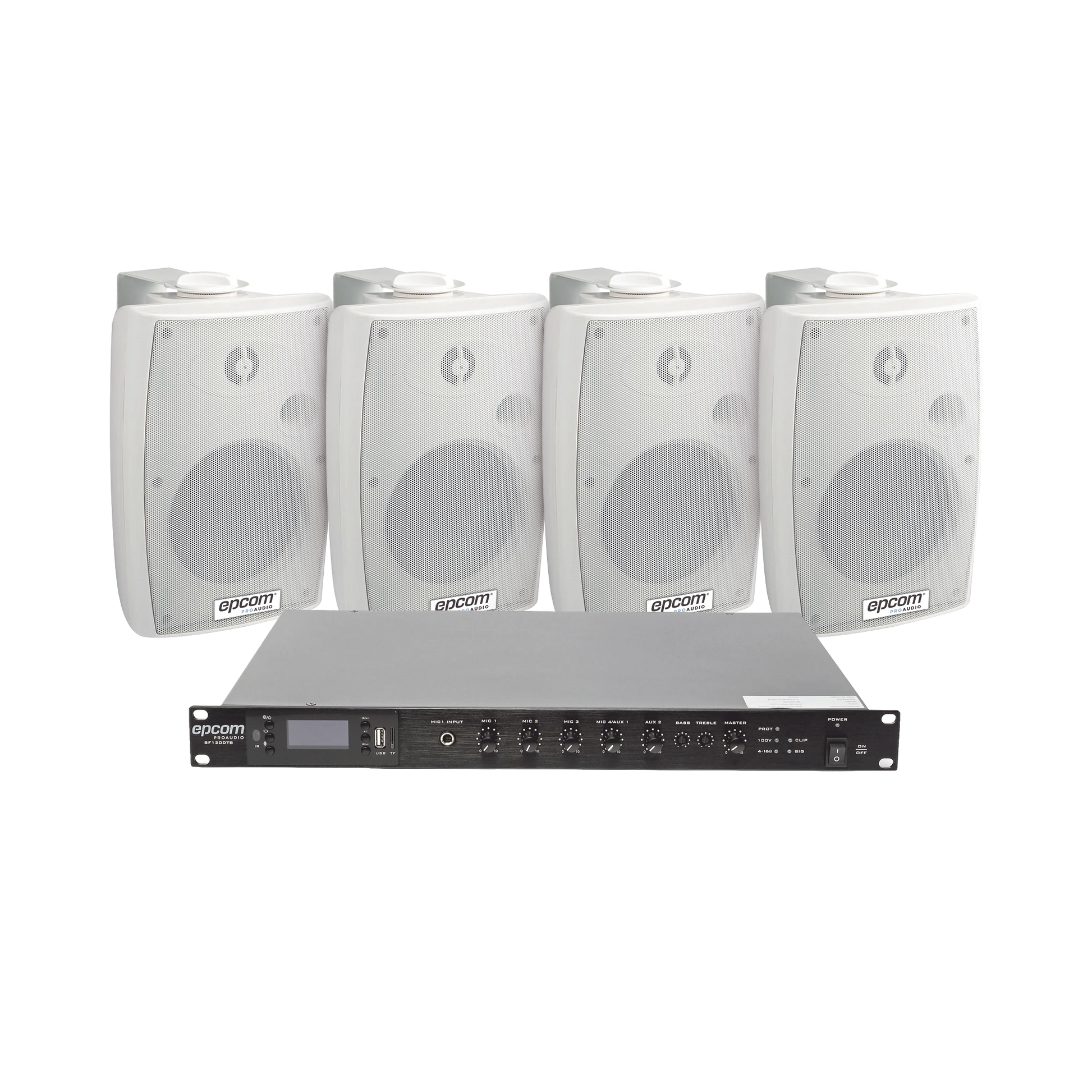 KIT DE AMPLIFICADOR DE AUDIO 120W PARA RACK | 4 ALTAVOCES DE PARED COLOR BLANCO 2.5W - 20W | SISTEMA 70/100V-Audio residencial/Comercial-EPCOM PROAUDIO-Bsai Seguridad & Controles