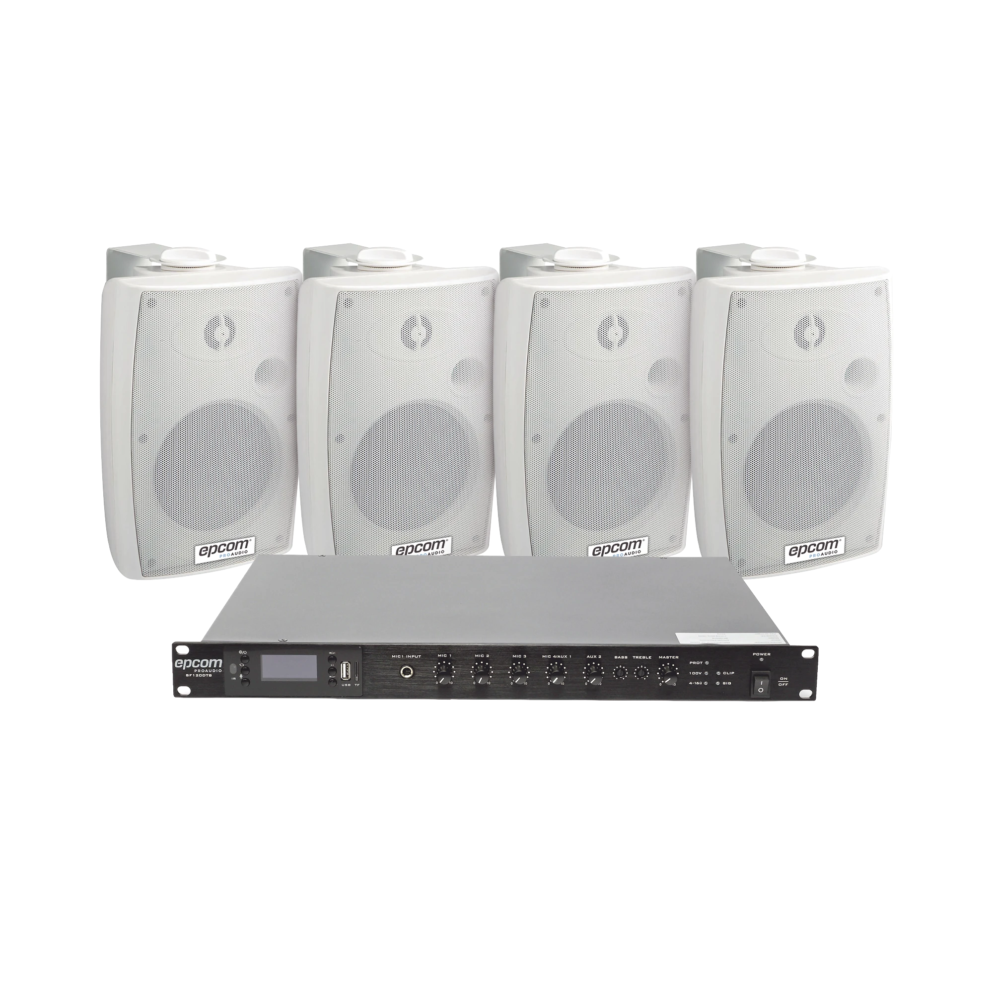 KIT DE AMPLIFICADOR DE AUDIO 120W PARA RACK | 4 ALTAVOCES DE PARED COLOR BLANCO 2.5W - 20W | SISTEMA 70/100V-Audio residencial/Comercial-EPCOM PROAUDIO-Bsai Seguridad & Controles