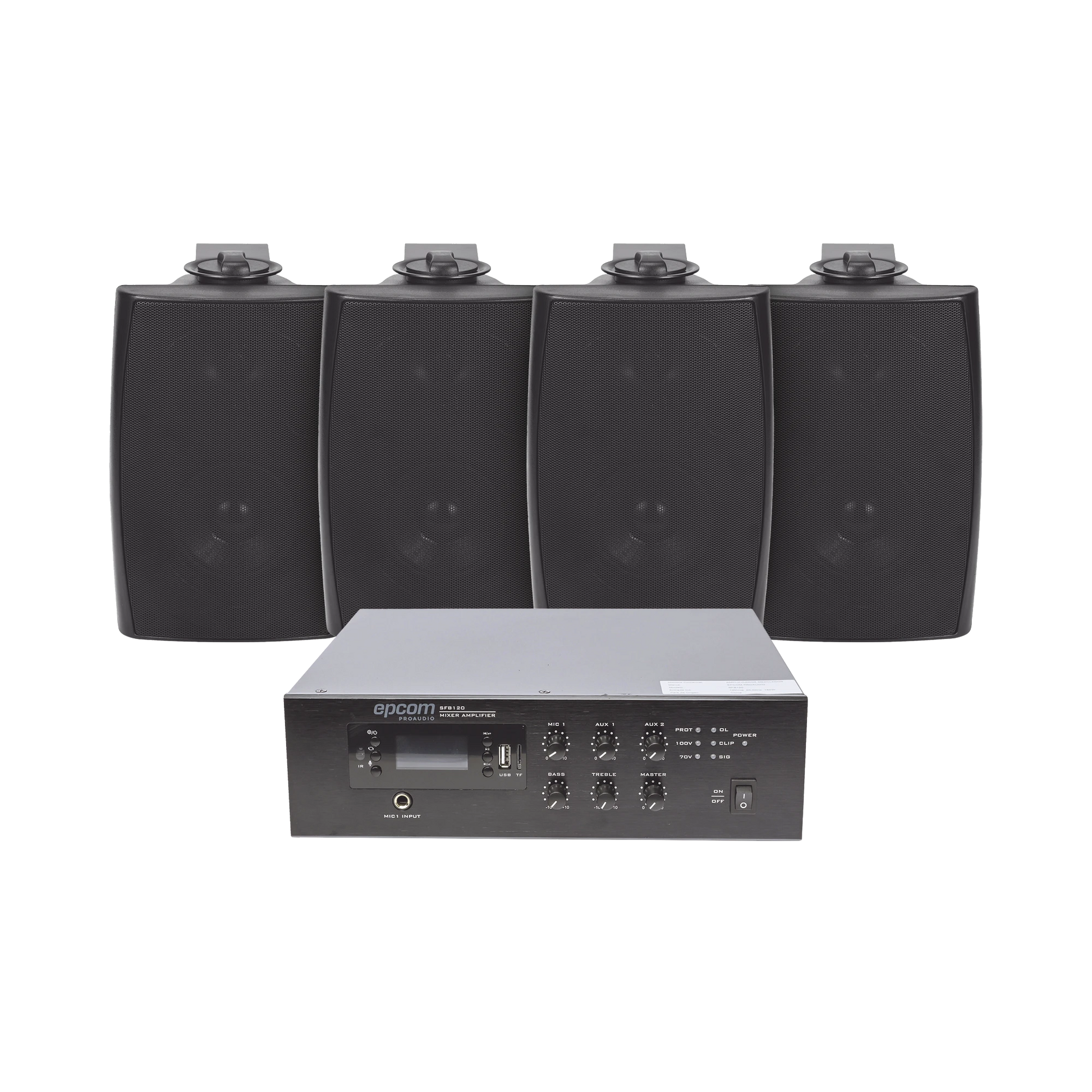 KIT DE AMPLIFICADOR DE 120W PARA ESCRITORIO | 4 ALTAVOCES DE PARED COLOR NEGRO 2.5W - 20W | SISTEMA 70/100V-Audio residencial/Comercial-EPCOM PROAUDIO-Bsai Seguridad & Controles