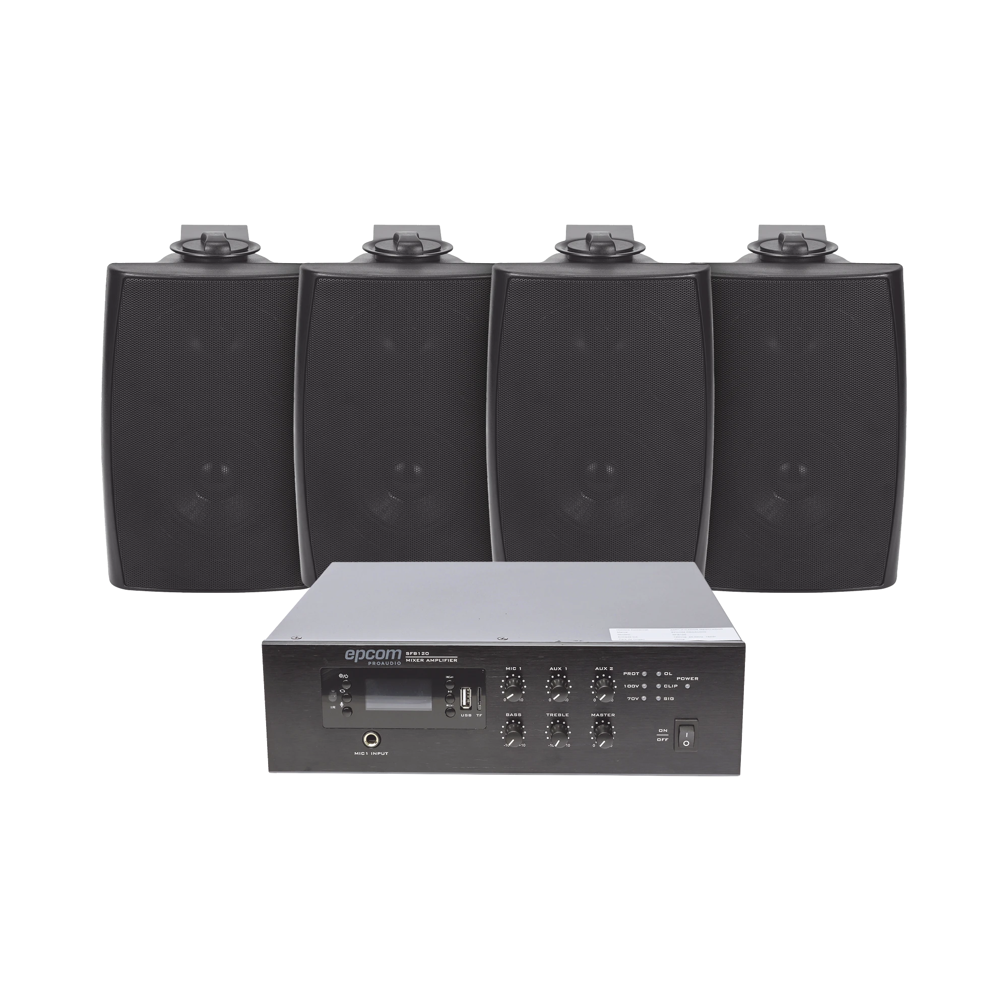 KIT DE AMPLIFICADOR DE 120W PARA ESCRITORIO | 4 ALTAVOCES DE PARED COLOR NEGRO 2.5W - 20W | SISTEMA 70/100V-Audio residencial/Comercial-EPCOM PROAUDIO-Bsai Seguridad & Controles