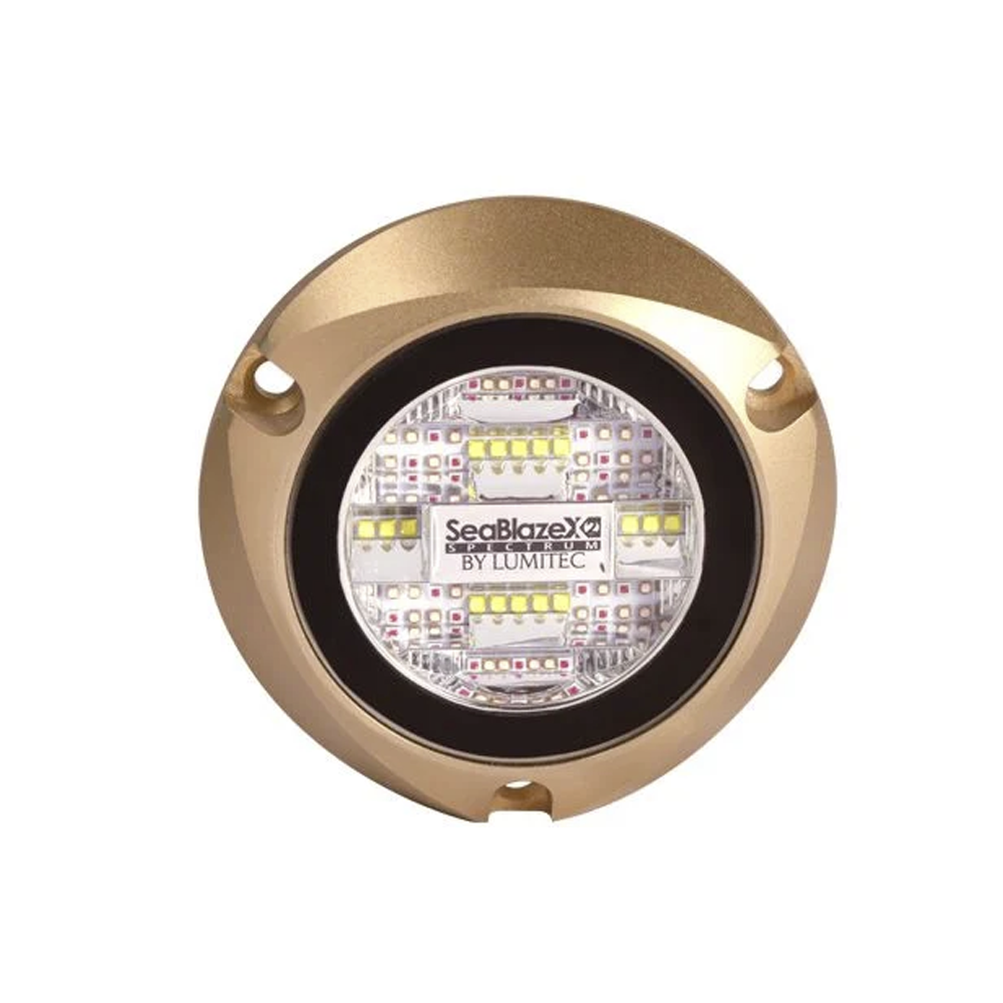 LUZ LED MARINA SUMERGIBLE SEABLAZE X2, EMITE LUZ DE COLOR BLANCO Y AZUL DE 6000 LÚMENES, FABRICADA EN BRONCE NAVAL CON GRADO DE PROTECCIÓN IP68.