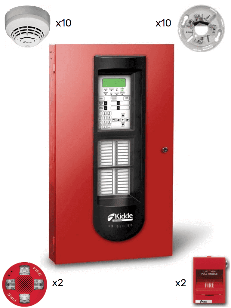 KIDDE F_FX1000KIT10 - PANEL FX 1000 / 10 DETECTORES DE HUMO CON BASES / 2 ESTACIONES MANUALES / 2 SIRENAS CON ESTROBO-Paneles de Control-KIDDE-Bsai Seguridad & Controles