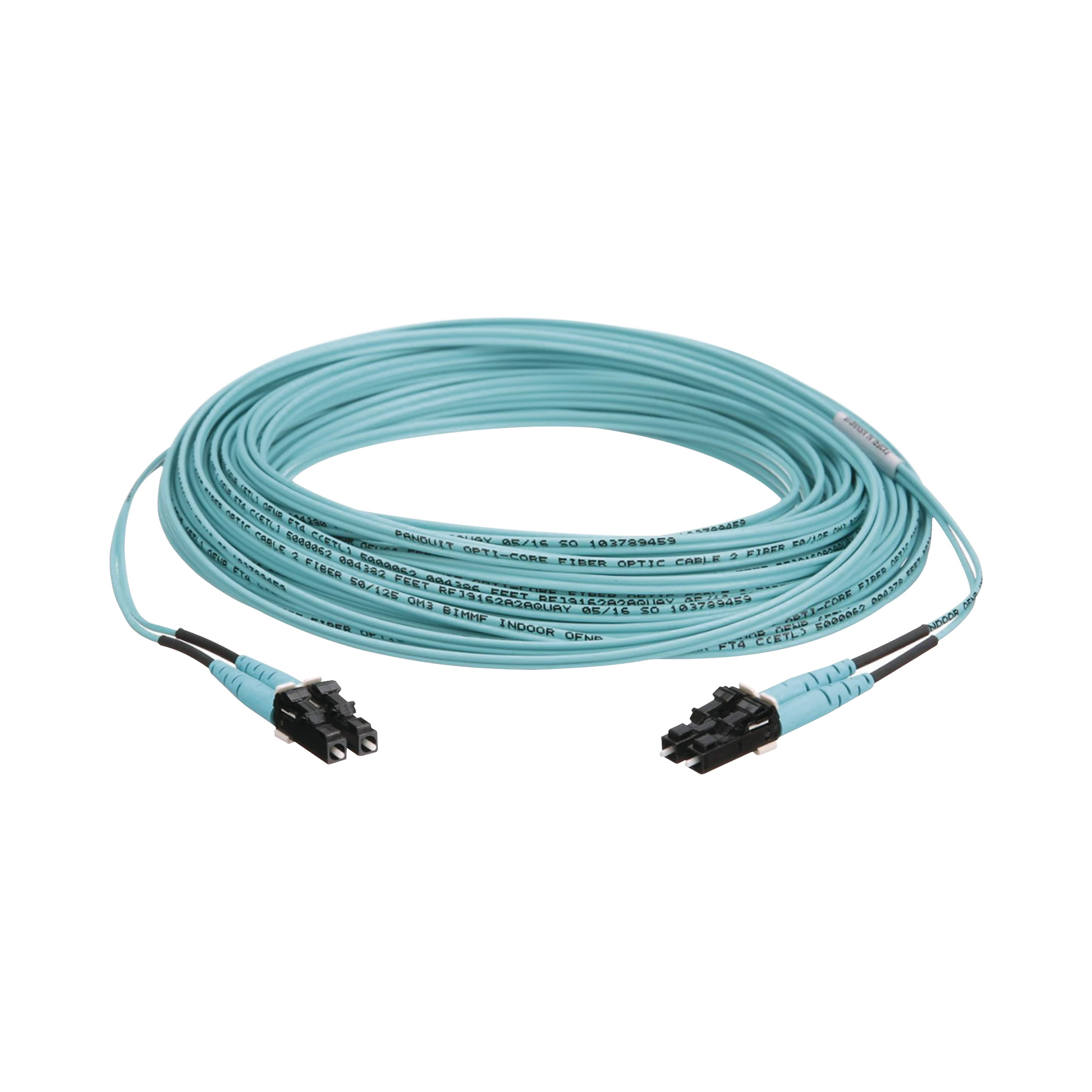 JUMPER DE FIBRA OPTICA MULTIMODO 50/125 OM3, LC-LC DUPLEX, OFNR (RISER), COLOR AQUA, 10 METROS-Fibra Óptica-PANDUIT-Bsai Seguridad & Controles