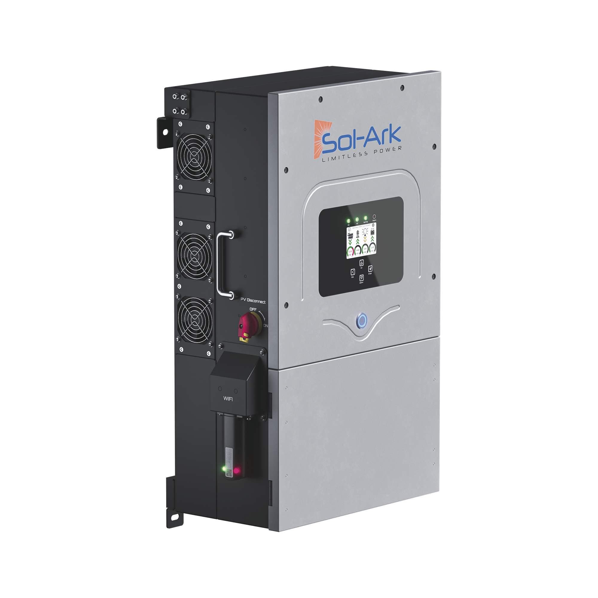 INVERSOR HIBRIDO SOL-ARK, 12 KW, 220 VCC, FASE DIVIDIDA, WIFI INCLUIDO, IP65, ENTRADA DE BATERÍAS A 48 VCC