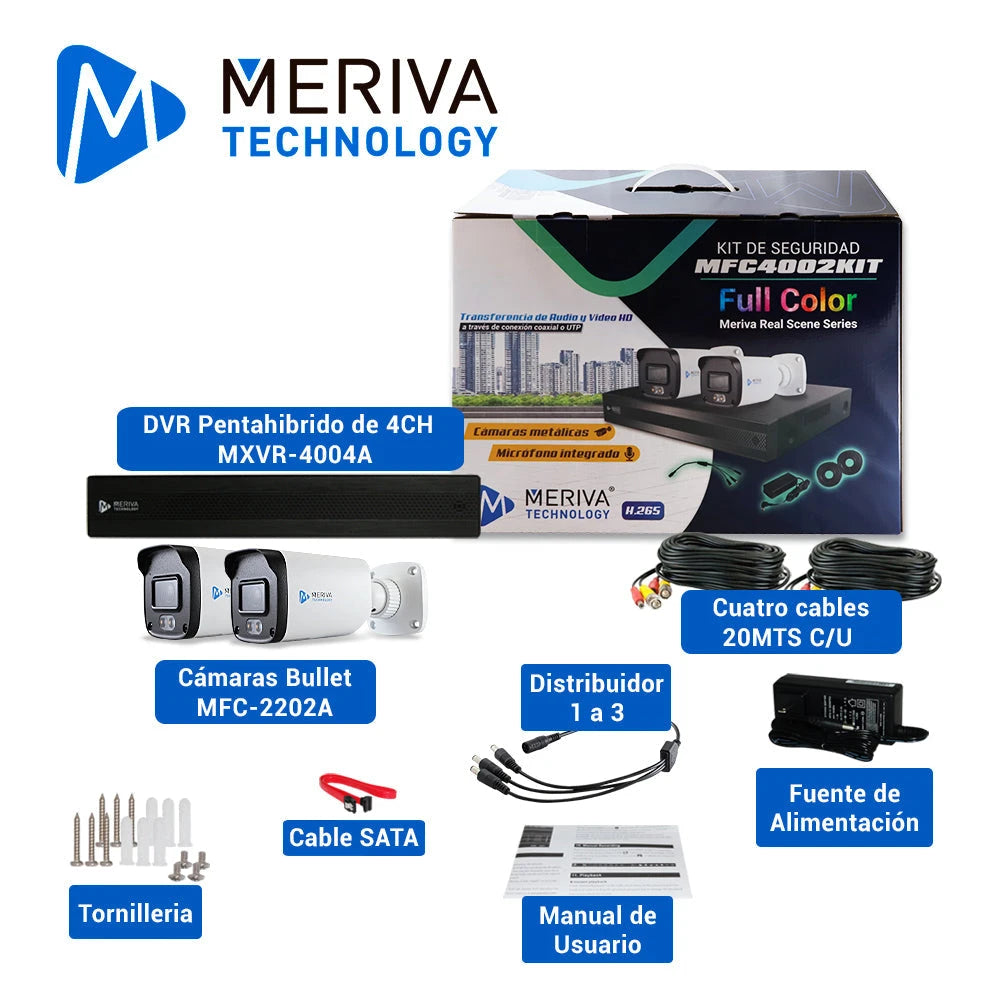 KIT 4X2 MERIVA TECHNOLOGY MFC4002KIT INCLUYE 1 DVR MXVR-4004A 4CH 1080P-LITE SOPORTA AUDIO SOBRE COAXIAL O UTP + 2 CÁMARAS HD MERIVA TECHNOLOGY BULLET 1080P 2.8MM TECNOLOGÍA FULL COLOR / MICRÓFONO INTEGRADO / CARCASA METÁLICA / IP67 / 12VCD MFC-2022A...-Kits Cámaras de Seguridad-MERIVA TECHNOLOGY-Bsai Seguridad & Controles