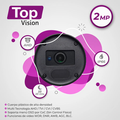 CAM HD BULLET TOPVISION TCB120 AHD / TVI / CVI / SD / 2MP-1080P / 2.8MM / 20M IR / COC / PLÁSTICA / IP66 / 12VCD-Cámaras-TOPVISION POWERED BY MERIVA-TCB120-Bsai Seguridad & Controles