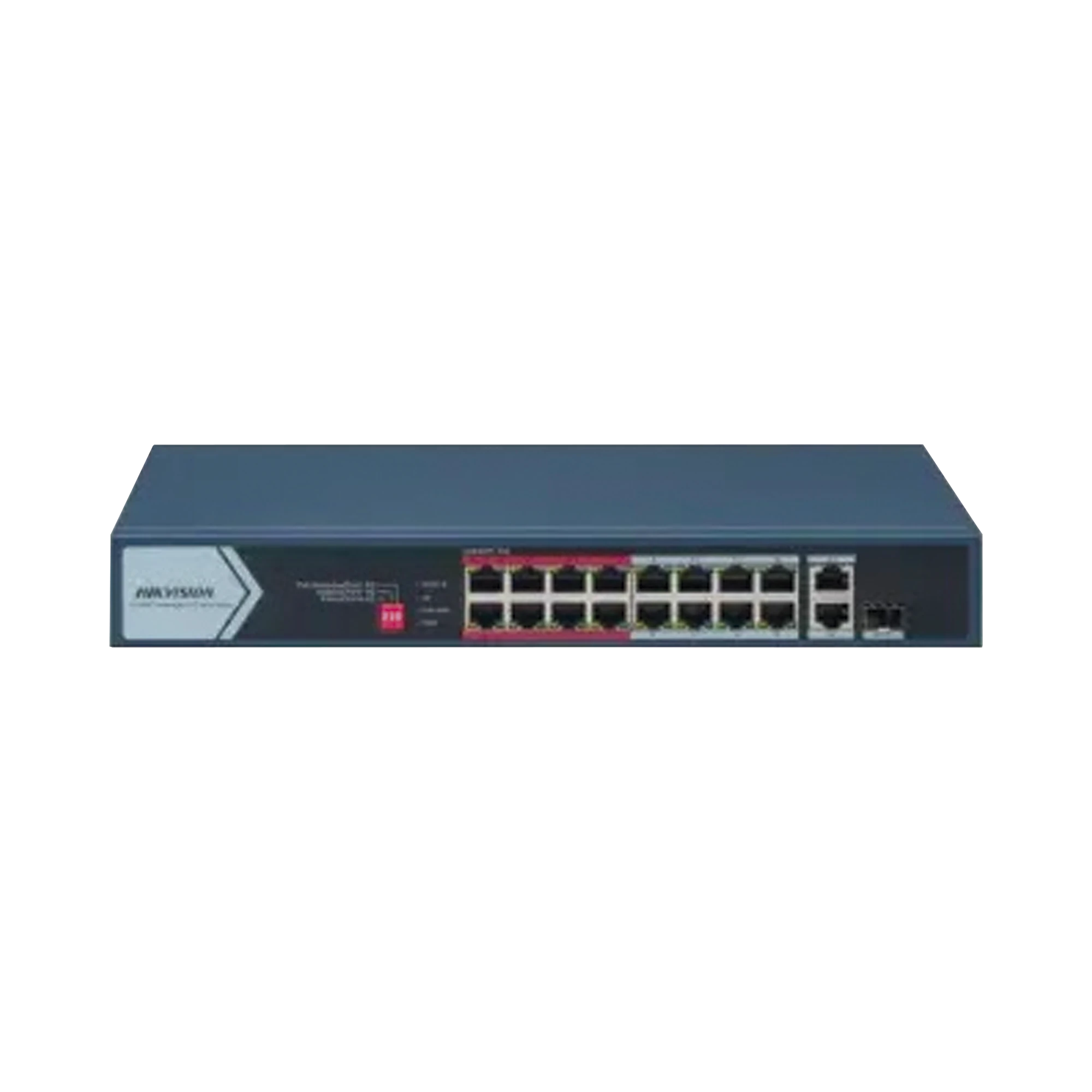 SWITCH POE+ / NO ADMINISTRABLE / 16 PUERTOS 10/100 MBPS POE+ / 2 PUERTO 10/100/1000 MBPS + 1 PUERTO SFP UPLINK / POE HASTA 300 METROS / 130 W-Energía-HIKVISION-Bsai Seguridad & Controles