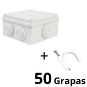 SAXXON SWD010LMGNCC5MMR - PAQUETE DE CAJA DE CONEXIONES 7 ENTRADAS 100X100X70MM CON BOLSA DE GRAPAS REDONDAS DE PARED DE 6MM DE ALTO COLOR BLANCO 50 PIEZAS-Faceplate Y Cajas Universales-SAXXON-Bsai Seguridad & Controles