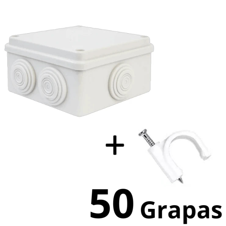 SAXXON SWD010LMGNCC5MMR - PAQUETE DE CAJA DE CONEXIONES 7 ENTRADAS 100X100X70MM CON BOLSA DE GRAPAS REDONDAS DE PARED DE 6MM DE ALTO COLOR BLANCO 50 PIEZAS-Faceplate Y Cajas Universales-SAXXON-Bsai Seguridad & Controles