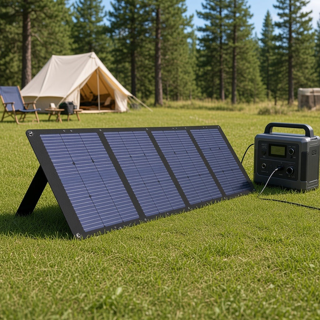 PANEL SOLAR PLEGABLE / 200W / EFICIENCIA 23% / IP67 / CONECTOR XT60 / SOPORTE AJUSTABLE INTEGRADO [15114] instalado