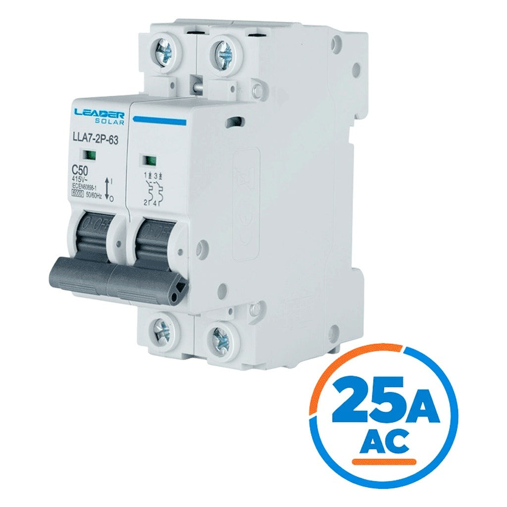 LEADER SOLAR LLA7-2P-63 25A AC - INTERRUPTOR AUTOMÁTICO CORRIENTE ALTERNA 2 POLOS 25 AMP/TENSIÓN NOMINAL 220 - 415 VAC/50 - 60 HZ / ESTÁNDAR IEC / PROTECCIÓN CON SISTEMA DE DISPARO TERMOMAGNÉTICO / MONTAJE RIEL DIN / PROTECCIÓN IP20 / -5 °C A [LDR2050006]