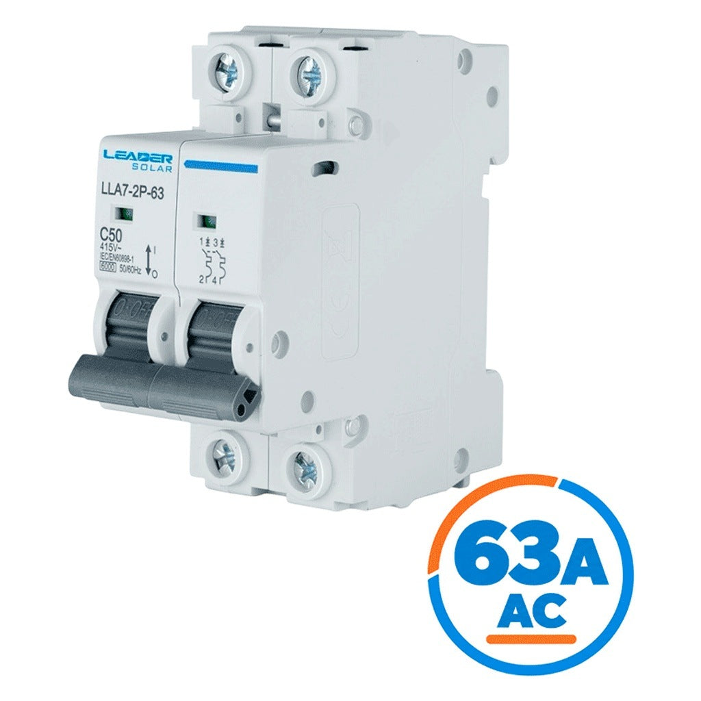 LEADER SOLAR LLA7-2P-63 63A AC - INTERRUPTOR AUTOMÁTICO CORRIENTE ALTERNA 2 POLOS 63 AMP/TENSIÓN NOMINAL 220 - 415 VAC/50 - 60 HZ / ESTÁNDAR IEC / PROTECCIÓN CON SISTEMA DE DISPARO TERMOMAGNÉTICO / MONTAJE RIEL DIN / PROTECCIÓN IP20 / -5 °C A [LDR2050010]