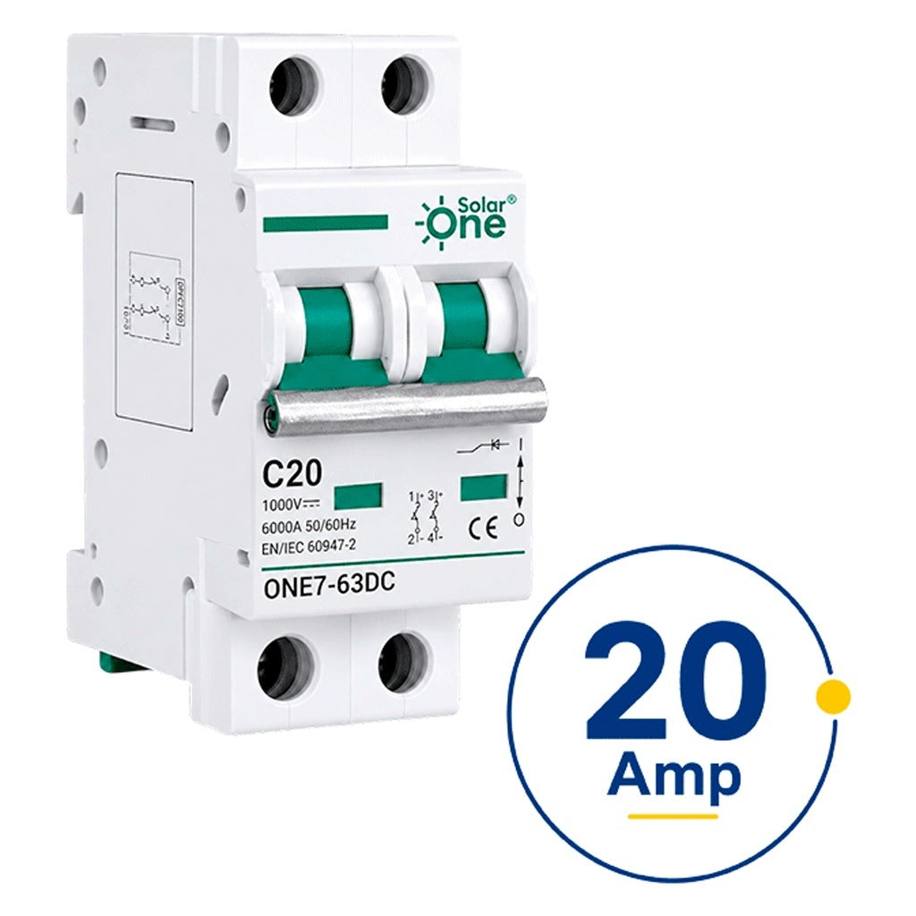 SOLARONE 14220 - INTERRUPTOR TERMOMAGNÉTICO DE CORRIENTE DIRECTA 2 POLOS 20 AMP / 1000 VDC / ESTÁNDAR UL / PROTECCIÓN CON SISTEMA DE DISPARO TERMOMAGNÉTICO / MONTAJE RIEL DIN / PROTECCIÓN IP20 [SOE3230001]