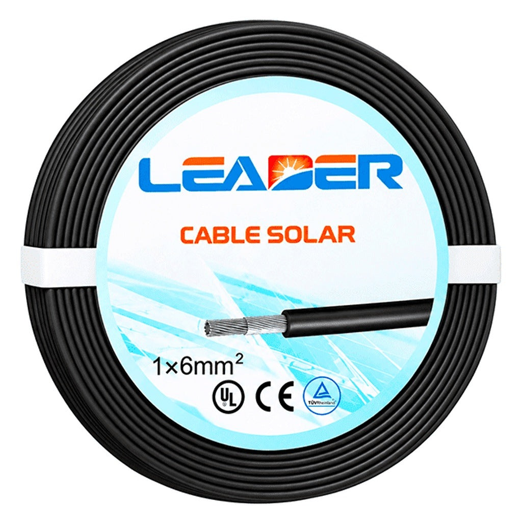 LEADER SOLAR 10 - CABLE FOTOVOLTAICO UL 4703 - CARRETE 100 METROS LINEALES CABLE FOTOVOLTAICO COLOR NEGRO 6MM2/ CALIBRE 10AWG XLPO / CUBIERTA LIBRE DE HALÓGENOS CERO PROPAGACIÓN DE LLAMA / 1500VDC / MAX VOLTAJE 1800 VDC TEMPERATURA -40 °C A [LDR2050019]