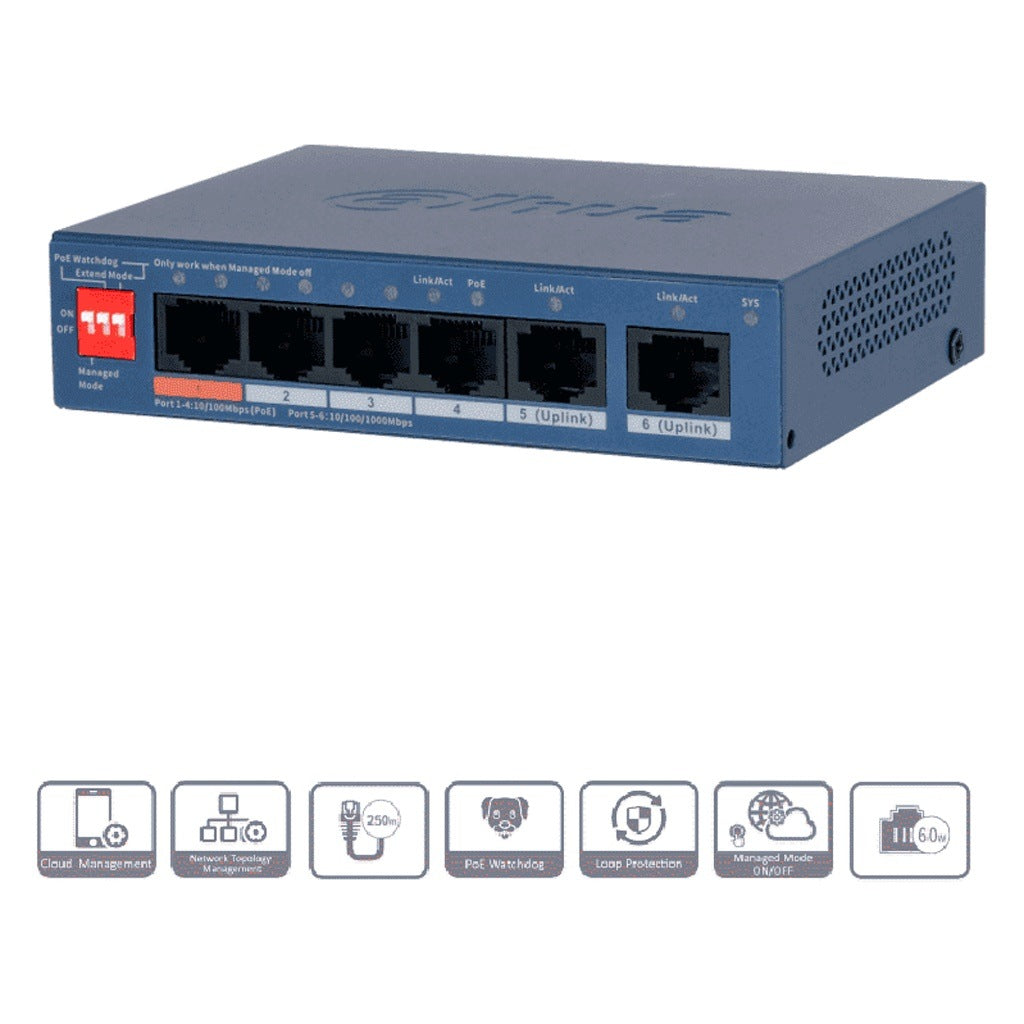 DAHUA DH-CS4006-4ET2GT-60 - SWITCH POE DE 6 PUERTOS ADMINISTRABLE/ 4 PUERTOS POE DOWNLINK 10 & 100/ 2 PUERTOS UPLINK GE/ 60 WATTS TOTALES/ ADMINISTRABLE EN LA NUBE DOLINK CARE / POE HASTA 250 METROS/ CARCASA METALICA/ SWITCHING 4.8 GBPS [DHT3720069]