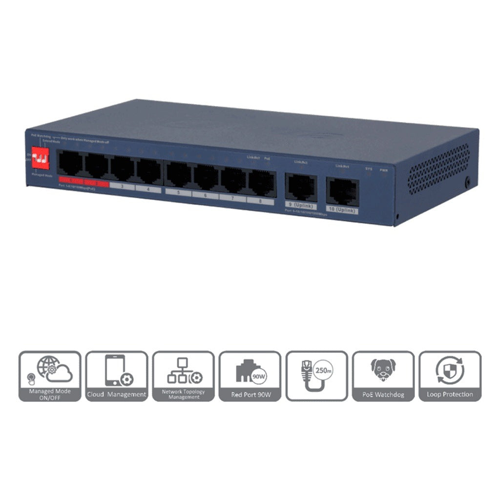 DAHUA DH-CS4010-8ET2GT-110 - SWITCH POE DE 10 PUERTOS/ 8 PUERTOS POE 10 & 100/ 2 PUERTOS UPLINK GE/ 2 PUERTOS POE CON SUMINISTRO DE HASTA 90W/ 110 WATTS TOTALES/ ADMINISTRABLE EN LA NUBE POR DOLYNK CARE/ POE 250 METROS/ METAL/ SWITCHING 5.6 [DHT3720070]