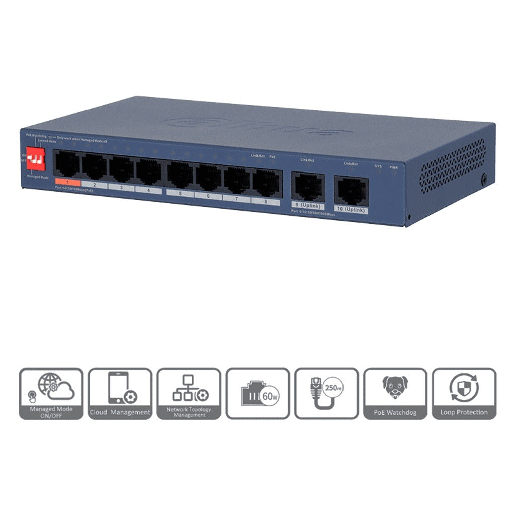 DAHUA DH-CS4010-8ET2GT-60 - SWITCH POE DE 10 PUERTOS / 60WATTS TOTALES/ 1 PTO HASTA 60W/ 2 PUERTOS UPLINK GE RJ45/ SWITCHING 4.8GBPS/ ADMINISTRABLE EN LA NUBE POR DOLYNK CARE [DHT3720074]