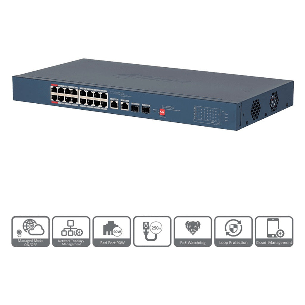 DAHUA DH-CS4218-16ET-240 - V2 - SWITCH POE ADMINISTRABLE DE 18 PUERTOS / 16 PUERTOS POE/ 240 WATTS TOTALES/ INTERFAZ WEB/ PUERTO 1 Y 2 SOPORTAN 90 WATTS/ 2 PUERTOS SFP/2 PUERTOS UPLINK/DOLINK CARE/POE WATCHDOG/ SWITCHING 8.8 GBPS [DHT3720075]