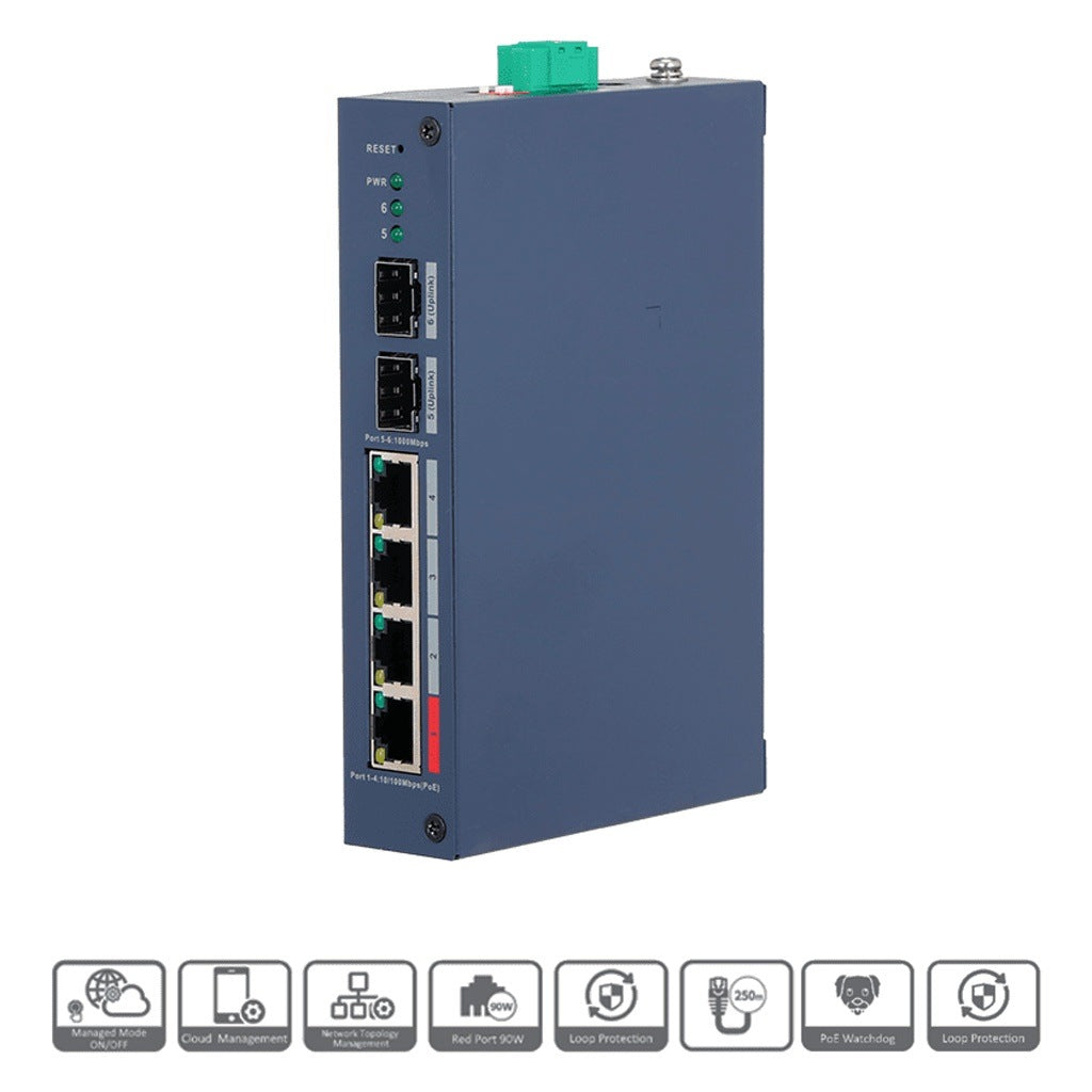 DAHUA DH-CHS4206-4ET-90 - SWITCH POE DE 6 PUERTOS SEMI INDUSTRIAL/ 4 PTOS DOWNLINK POE/ 2 PTOS UPLINK SFP GIGABIT/ HASTA 120W TOTALES/ 802.3AF & AT/ 1 PTO HASTA 90W/ ADMINISTRABLE CLOUD VÍA DOLINK CARE [DHT3720076]