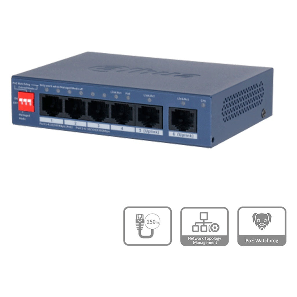 DAHUA DH-CS4006-4ET2GT-36 - SWITCH POE DE 6 PUERTOS FAST ETHERNET/4 PUERTOS POE 10/100/1000 / 2 PUERTOS UPLINK 10/100/ 36 WATTS TOTALES/ SWITCHING 1.2 GBPS/ TASA DE REENVIO DE PAQUETES .89 MBPS/ CON PROTECCIÓN DE DESCARGAS [DHT3720079]