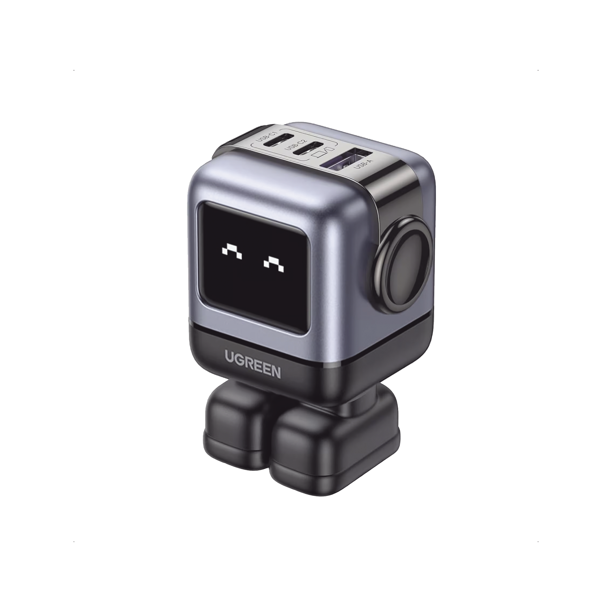 CARGADOR ROBOTGAN DE 65W SERIE UNO | 3 PUERTOS DE CARGA RAPIDA | 2 USB-C | 1 USB-A | PD 3.0 | QC 4.0 | CARGA INTELIGENTE | TECNOLOGIA GAN II | ZAPATO MAGNETICO EXTRAIBLE | CARCASA IGNIFUGA | PANTALLA LED