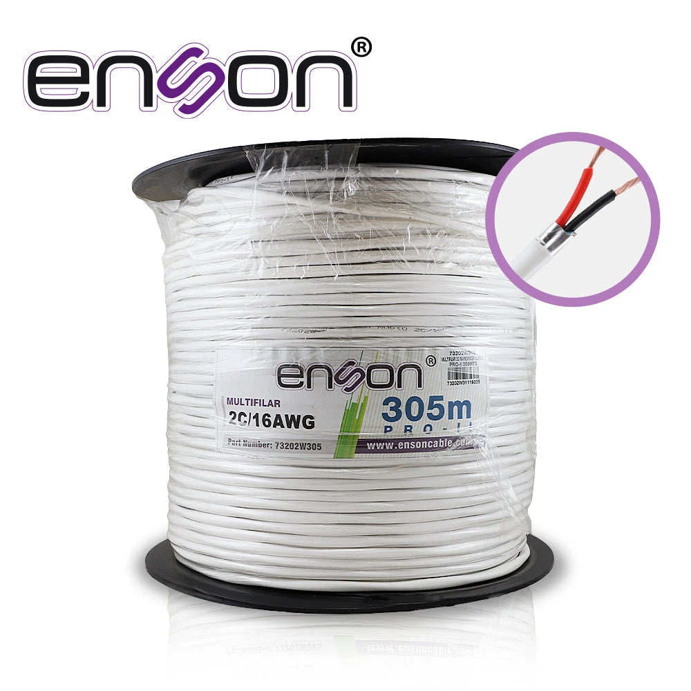 CABLE DE ALARMA ENSON 73202W305 SERIE PRO-II MULTIFILAR 2C/16 AWG BOBINA DE 305 METROS FORRO PVC COLOR BLANCO PARA USO INTERIOR DISEÑADO PARA CONEXIONES DE SISTEMAS DE ALARMA-Cableado-ENSON-Bsai Seguridad & Controles
