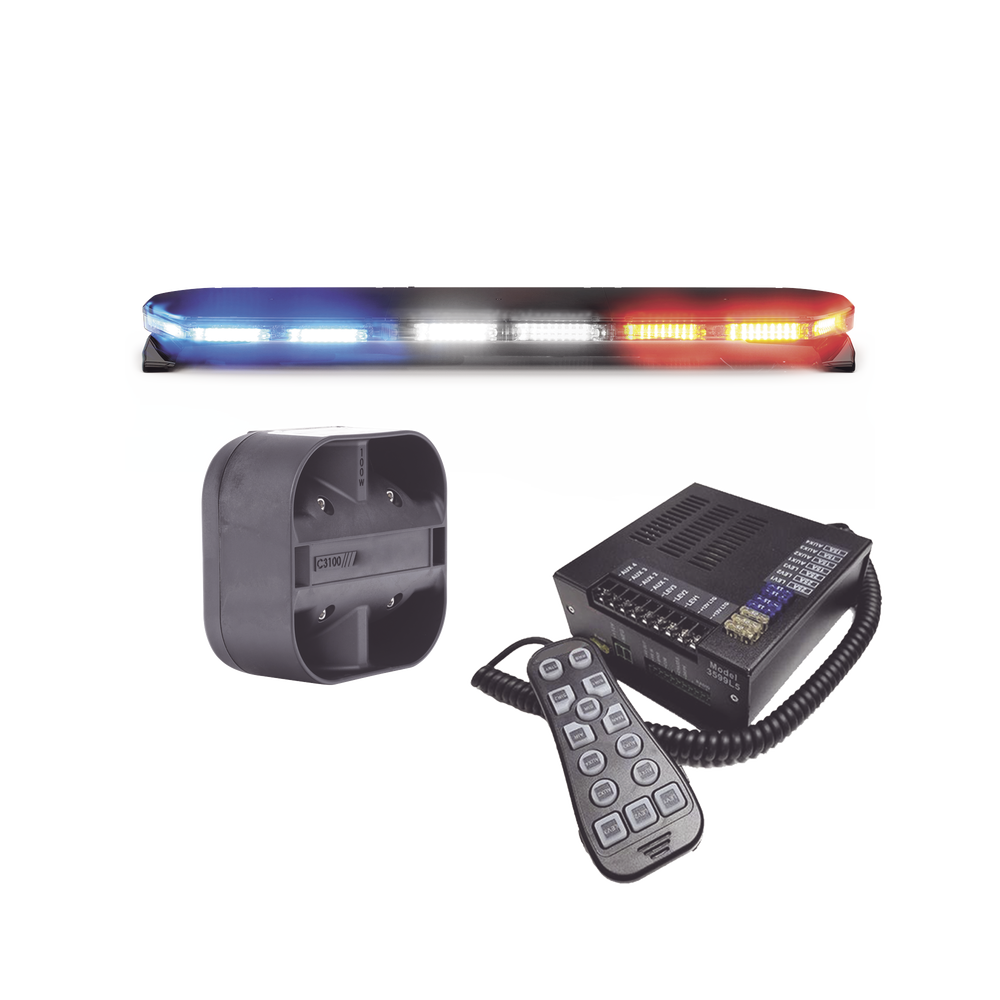 KIT DE SIRENA, BOCINA Y TORRETA DE 47", SERIE 16 CON 300 LEDS, DUAL COLOR, FRENTE: ROJO/BLANCO, AZUL/BLANCO, TRASERO: ROJO/ÁMBAR, AZUL/ÁMBAR-ECCO-Bsai Seguridad & Controles