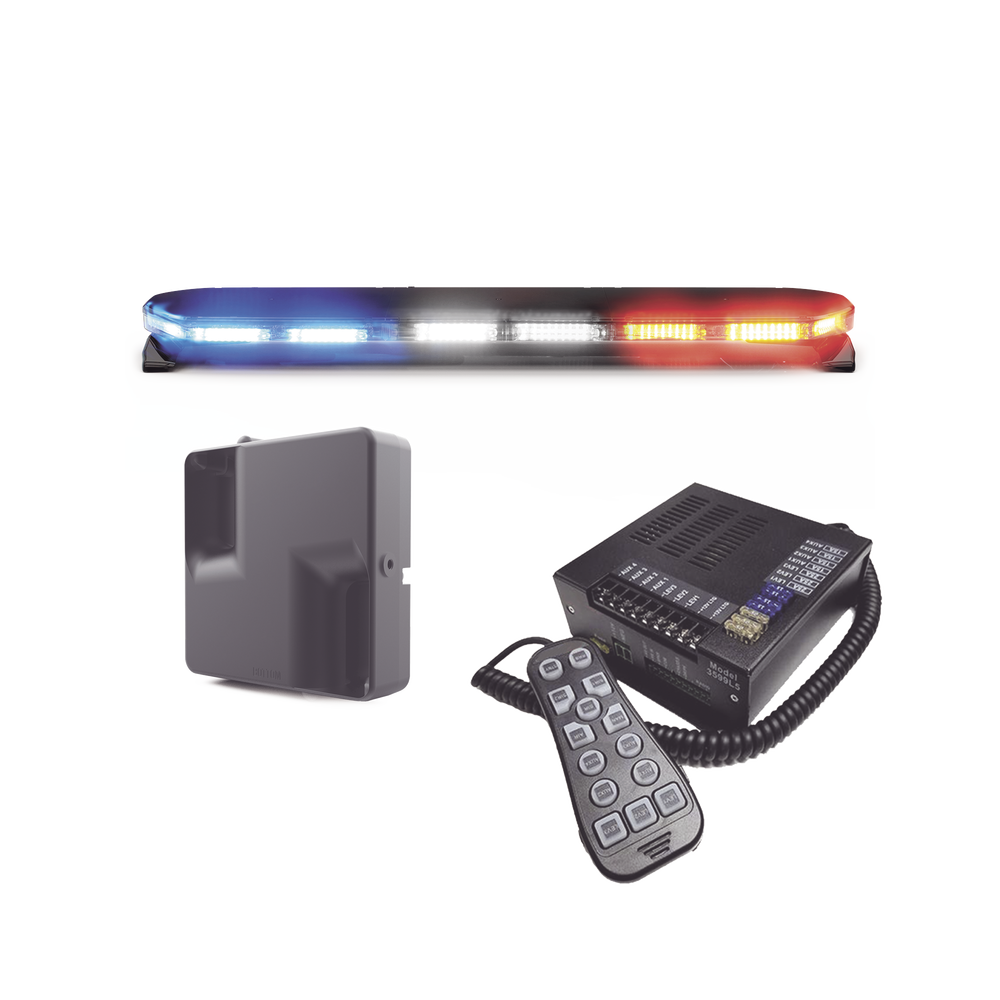KIT DE SIRENA, BOCINA Y TORRETA DE 47", SERIE 16 CON 300 LEDS, DUAL COLOR, FRENTE: ROJO/BLANCO, AZUL/BLANCO, TRASERO: ROJO/ÁMBAR, AZUL/ÁMBAR-ECCO-Bsai Seguridad & Controles