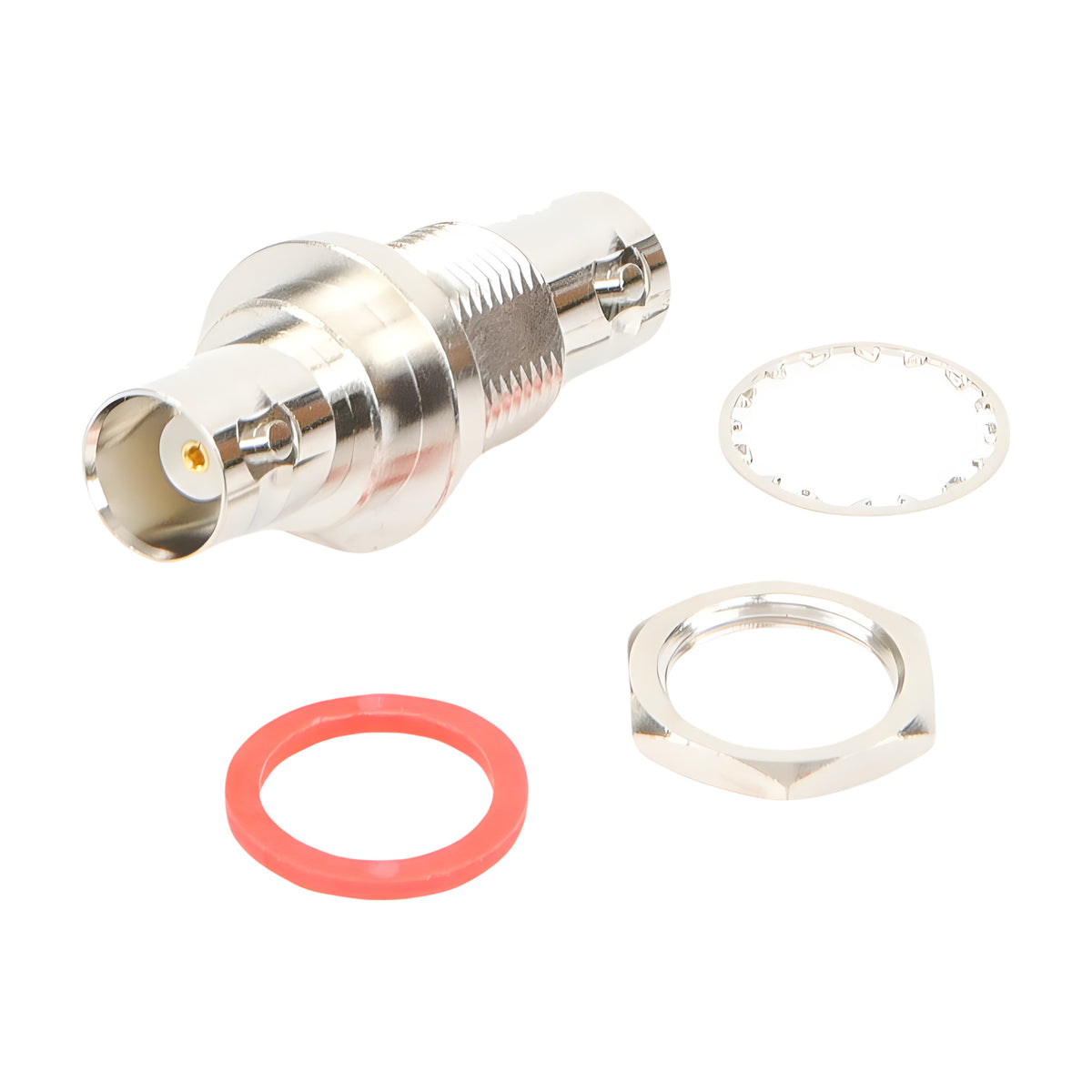 ADAPTADOR COAXIAL / DOBLE BNC HEMBRA / MONTAJE CHASIS HERMÉTICO / D-PLANO FRONTAL O TRASERO / 50 Ω / CUERPO NIQUELADO / CONTACTO ORO [RFB-1135]