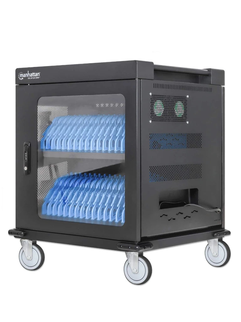 MANHATTAN - 180931 - CARRITO DE CARGA CON 32 CONTACTOS CA / 32 TOMAS DE CORRIENTE NEMA 5-15R, INTEGRADAS EN LA PARTE POSTERIOR, PROTECCIÓN CONTRA SOBRECARGA, AMPLIAS RANURAS PARA DISPOSITIVOS DE HASTA 15.6", GABINETE CON CERRADURA, NEGRO #PROMOMAYO-Racks-MANHATTAN-Bsai Seguridad & Controles