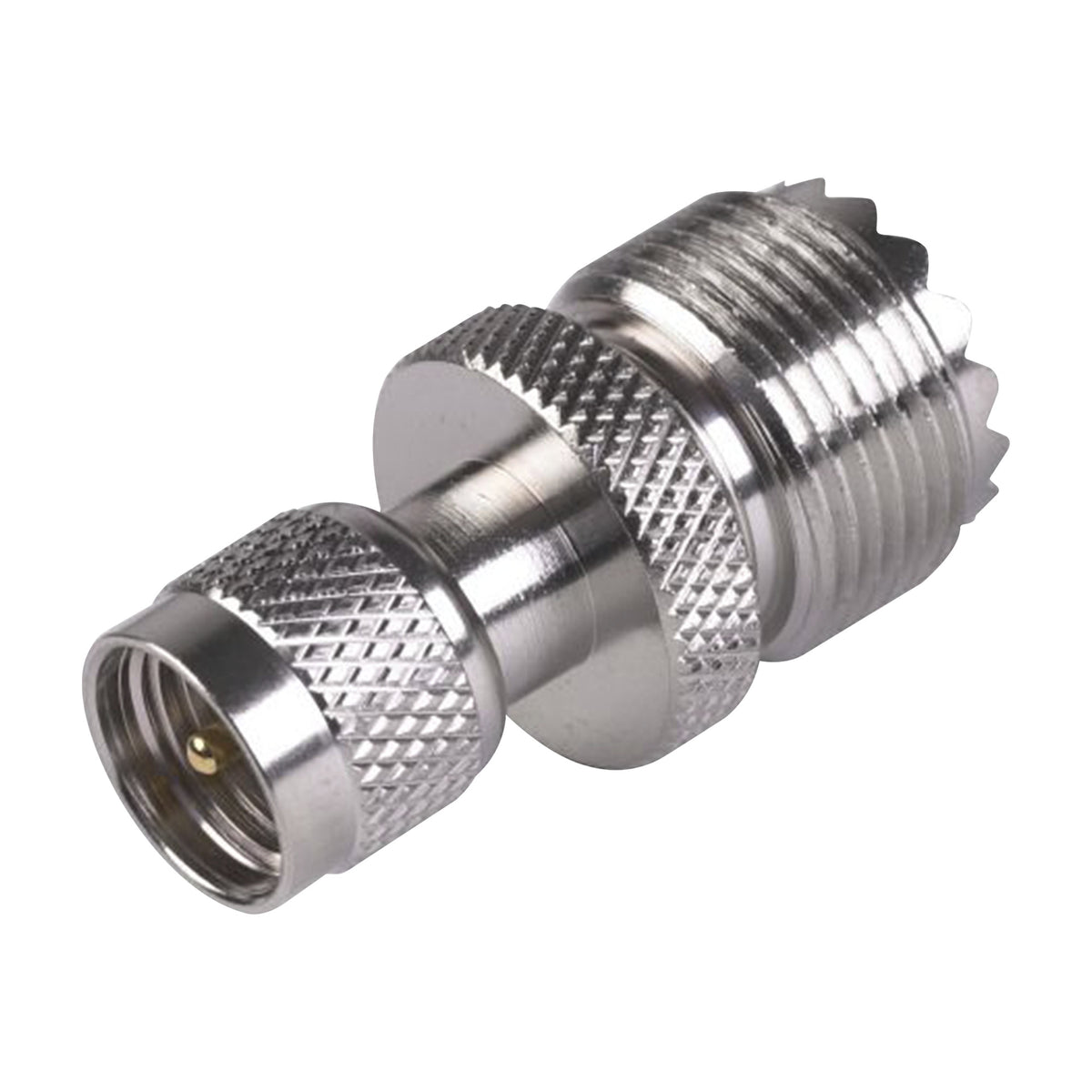 ADAPTADOR COAXIAL EN LÍNEA / MINI UHF MACHO A UHF HEMBRA (SO-239) / CUERPO NÍQUEL / CONTACTO ORO / AISLANTE TEFLÓN [RFU-621]