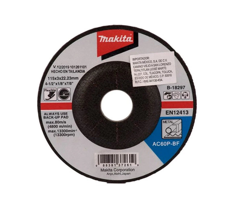 DISCO DE DESBASTE DE METAL, ACERO, HIERRO MAKITA B18297, 4 1/2 PULGADAS SILICATO DE ALUMINIO-Herramienta-MAKITA-B-18297-Bsai Seguridad & Controles