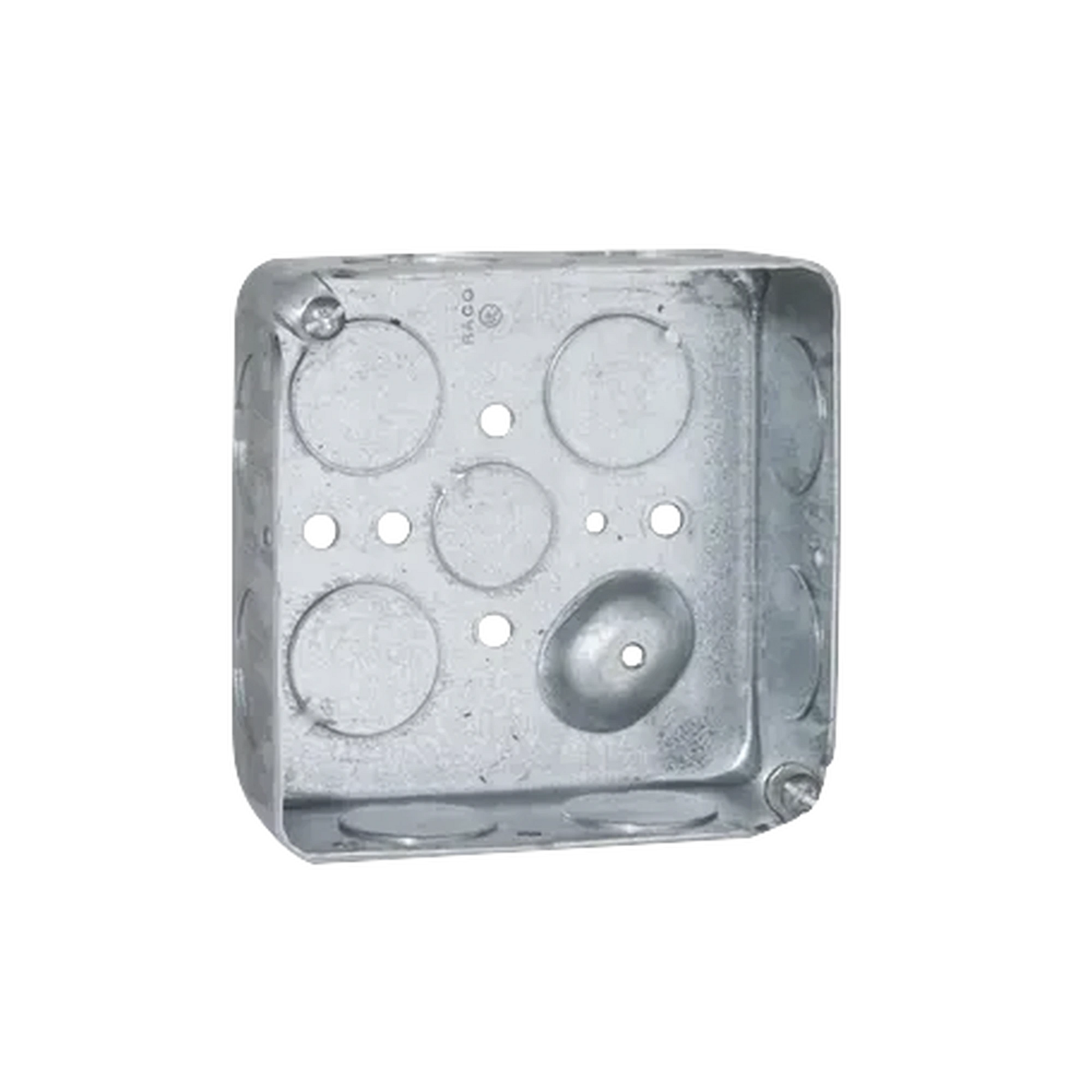 CAJA CUADRADA GALVANIZADA DE 4 X 4, PROFUNDIDAD DE 1- 1/2. TIENE 11 PERFORACIONES DE 3/4 Y 1 DE 1/2.-Tuberia Metalica-RACO-Bsai Seguridad & Controles