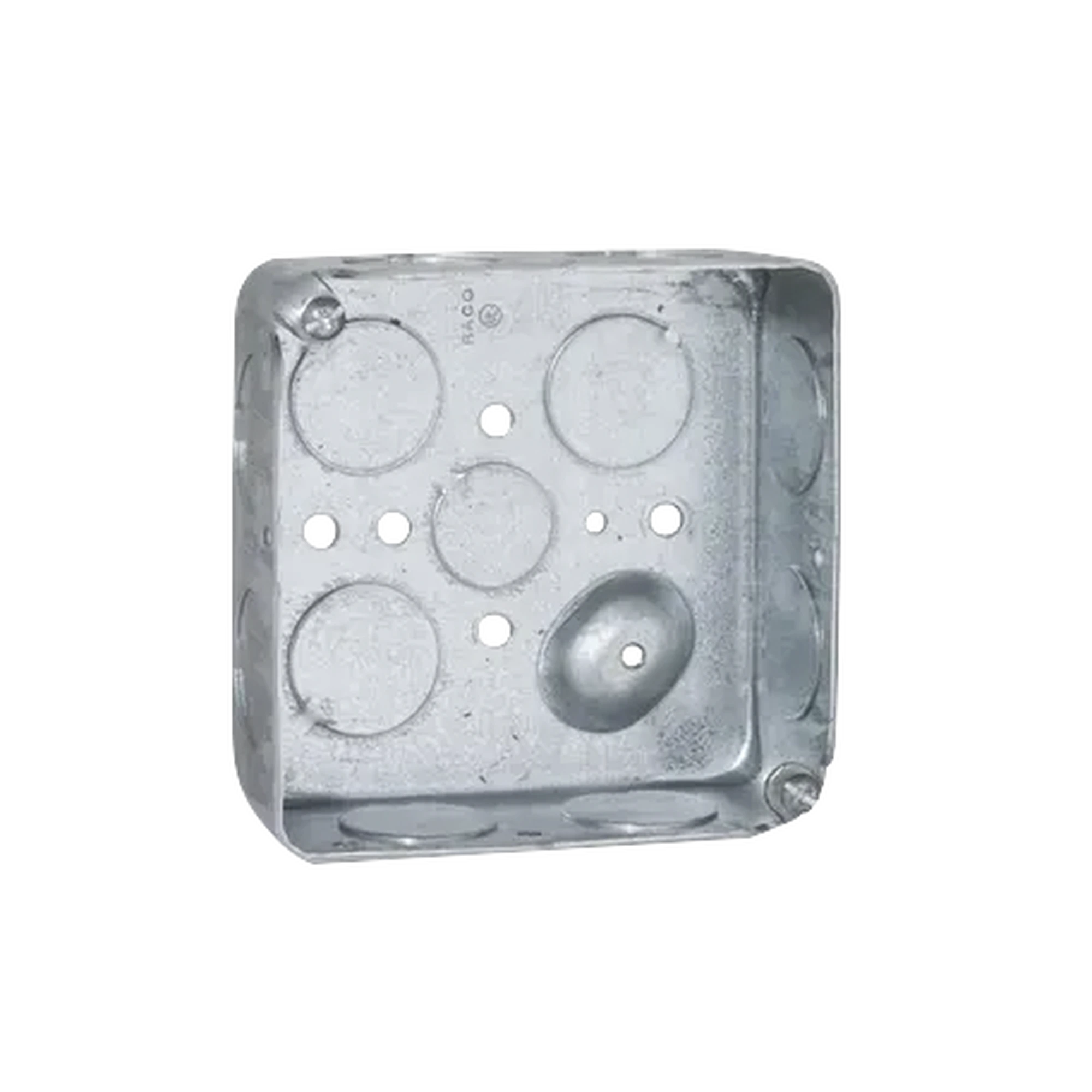 CAJA CUADRADA GALVANIZADA DE 4 X 4, PROFUNDIDAD DE 1- 1/2. TIENE 11 PERFORACIONES DE 3/4 Y 1 DE 1/2.-Tuberia Metalica-RACO-Bsai Seguridad & Controles