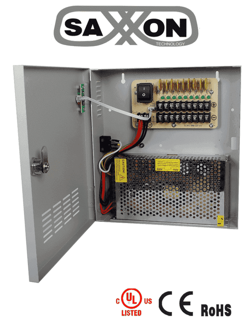 SAXXON PSU12V20A9C- FUENTE DE PODER REGULADA 12V CD 20 AMPERES/ DISTRIBUIDOR PARA 9 CAMARAS/ 2.22 AMP POR CANAL-Fuentes con Distribuidor-SAXXON-TVN400028-Bsai Seguridad & Controles