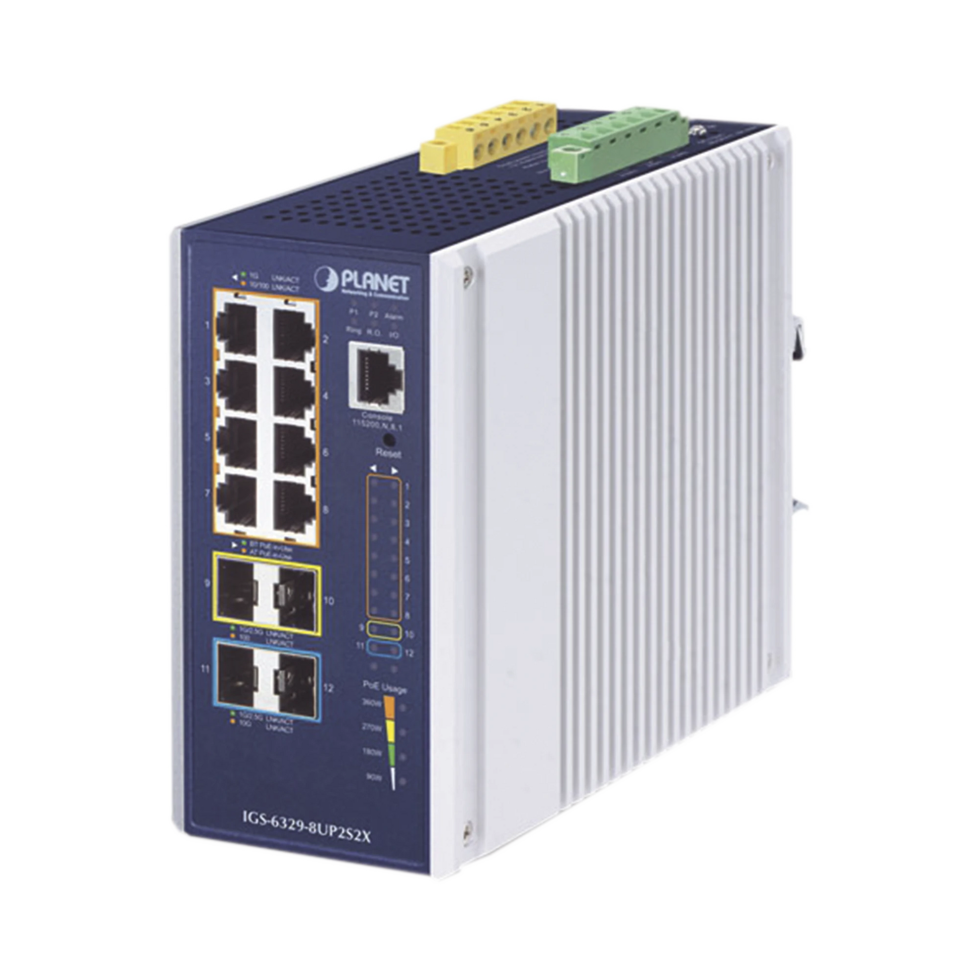 SWITCH INDUSTRIAL ADMINISTRABLE CAPA 3, CON 8 PUERTOS POE GIGABIT 802.3BT, 2 PUERTOS SFP DE 1 G / 2.5 G, 2 PUERTOS SFP 10 G-Networking-PLANET-Bsai Seguridad & Controles