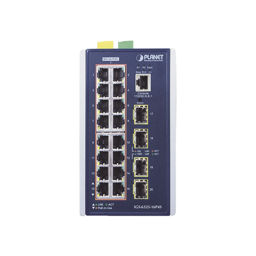 SWITCH INDUSTRIAL CAPA 3, 16 PUERTOS 10/100/1000T 802.3 AT POE +, 4 PUERTOS 1G / 2.5G SFP-Networking-PLANET-IGS-6325-16P4S-Bsai Seguridad & Controles