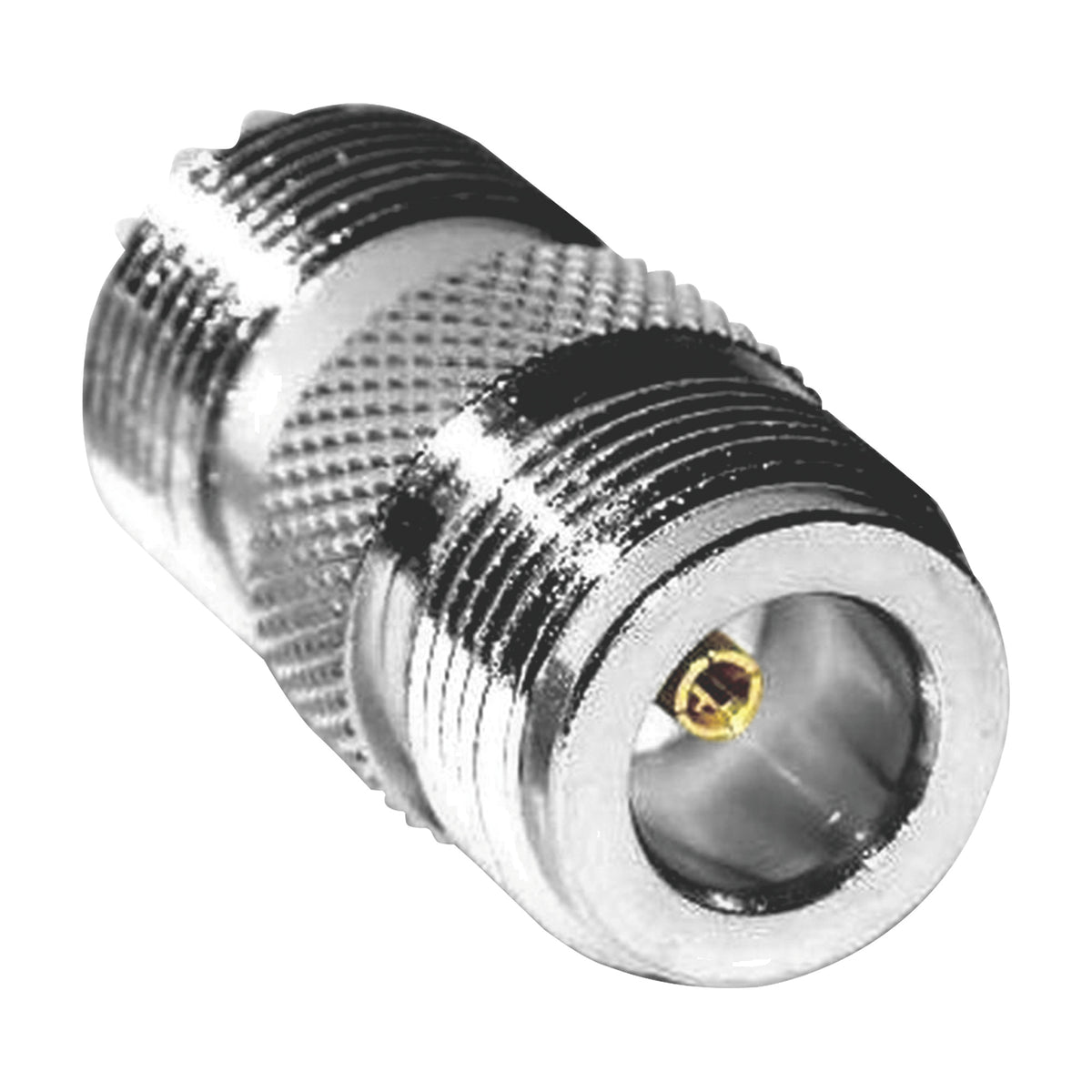 ADAPTADOR COAXIAL EN LÍNEA / N HEMBRA A UHF HEMBRA (SO-239) / CUERPO BRONCE PLATEADO / CONTACTO ORO / AISLANTE TEFLÓN [RFN-1034-1]
