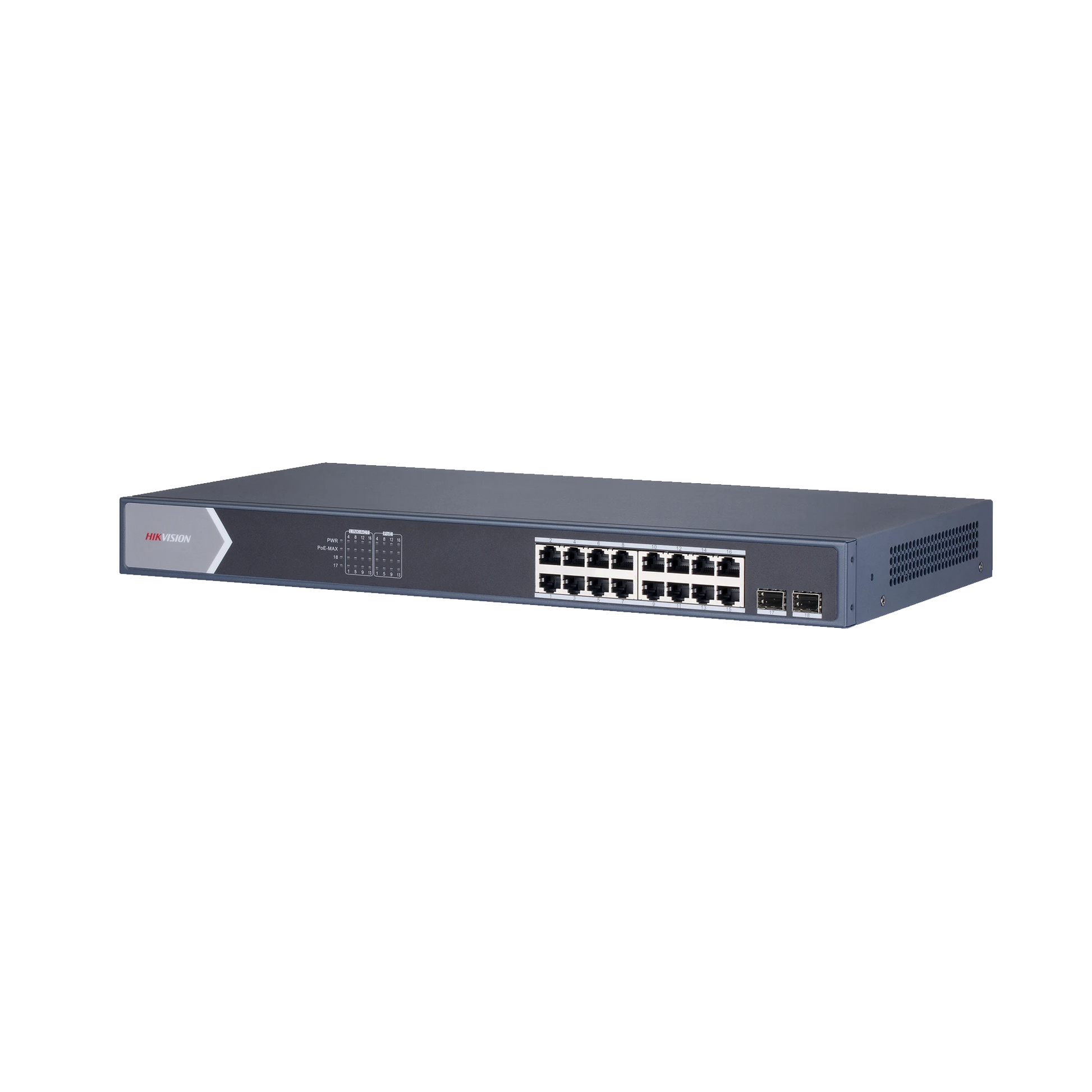 SWITCH GIGABIT POE+ / ADMINISTRABLE / 16 PUERTOS 10/100/1000 MBPS POE+ / 2 PUERTOS SFP / CONFIGURACIÓN REMOTA DESDE HIK-PROCONNECT / POE HASTA 250 METROS / 225 W-Inyectores PoE-HIKVISION-Bsai Seguridad & Controles