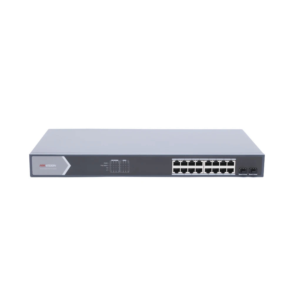 SWITCH GIGABIT POE+ / ADMINISTRABLE / 16 PUERTOS 10/100/1000 MBPS POE+ / 2 PUERTOS SFP / CONFIGURACIÓN REMOTA DESDE HIK-PROCONNECT / POE HASTA 250 METROS / 225 W-Inyectores PoE-HIKVISION-Bsai Seguridad & Controles