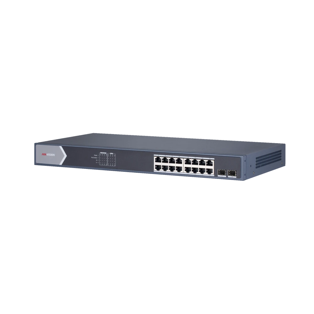 SWITCH GIGABIT POE+ / ADMINISTRABLE / 16 PUERTOS 10/100/1000 MBPS POE+ / 2 PUERTOS SFP / CONFIGURACIÓN REMOTA DESDE HIK-PROCONNECT / POE HASTA 250 METROS / 225 W-Inyectores PoE-HIKVISION-Bsai Seguridad & Controles
