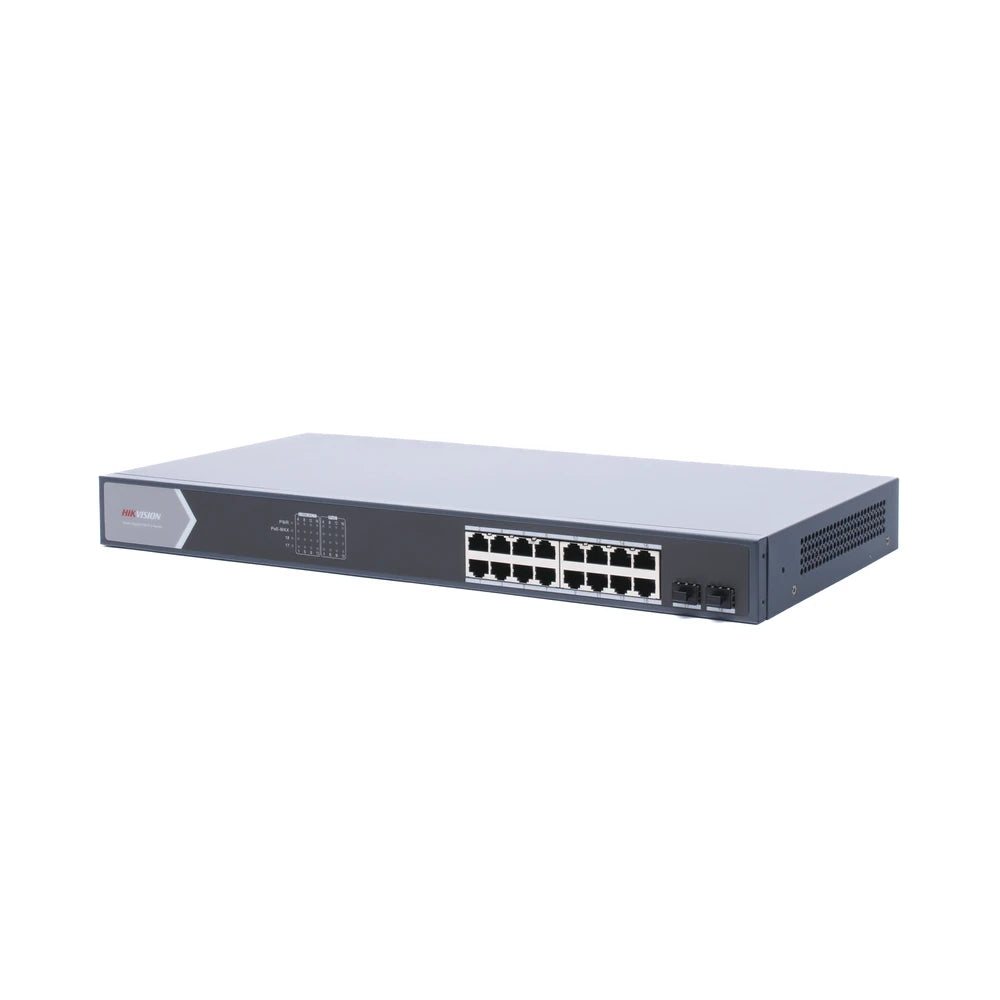 SWITCH GIGABIT POE+ / ADMINISTRABLE / 16 PUERTOS 10/100/1000 MBPS POE+ / 2 PUERTOS SFP / CONFIGURACIÓN REMOTA DESDE HIK-PROCONNECT / POE HASTA 250 METROS / 225 W-Inyectores PoE-HIKVISION-Bsai Seguridad & Controles
