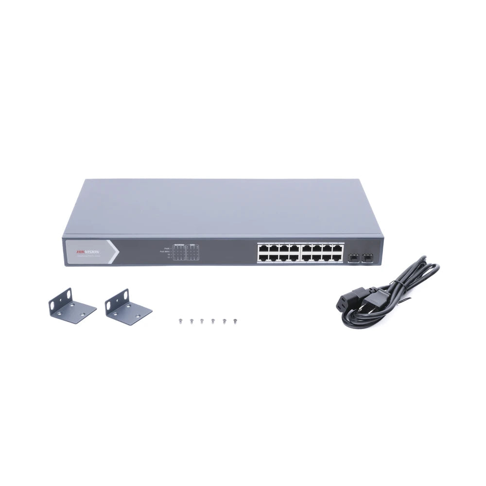 SWITCH GIGABIT POE+ / ADMINISTRABLE / 16 PUERTOS 10/100/1000 MBPS POE+ / 2 PUERTOS SFP / CONFIGURACIÓN REMOTA DESDE HIK-PROCONNECT / POE HASTA 250 METROS / 225 W-Inyectores PoE-HIKVISION-Bsai Seguridad & Controles