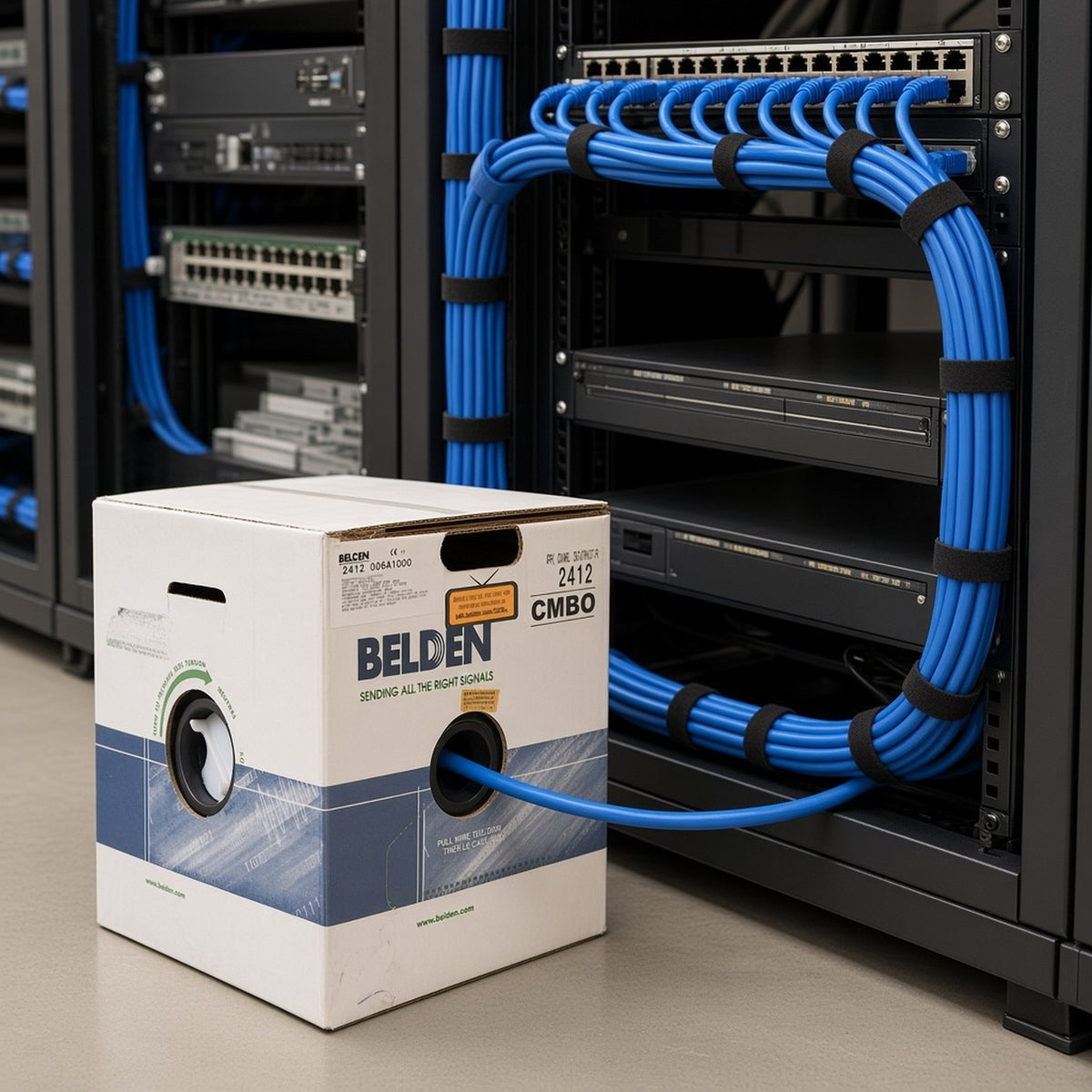 CABLE UTP CAT6+ BELDEN FORRO PVC AZUL CMR 4 PARES 350 MHZ CALIBRE 23AWG 100% COBRE USO INTERIOR ESPECIAL PARA INSTALACIONES SEGURIDAD, CCTV, VIDEO, DATOS, REDES ETHERNET CERTIFICABLE BOBINA 1000 PIES 305 METROS [2412 006A1000] instalado