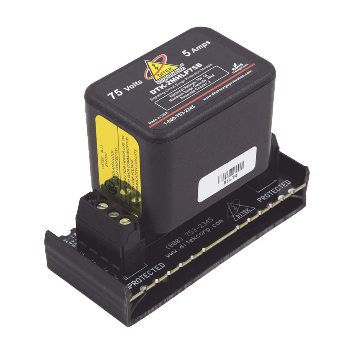 PROTECTOR MODULAR / 75 V / 2 PARES / BASE DESMONTABLE / SNAP-TRACK / 83 X 38 X 66 MM / -40°C A 70°C [DTK-2MHLP75BWB]