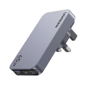 CARGADOR RÁPIDO DE VIAJE GAN DE 3 PUERTOS Y 65 W CON ENCHUFES DE EE. UU., REINO UNIDO Y UE.