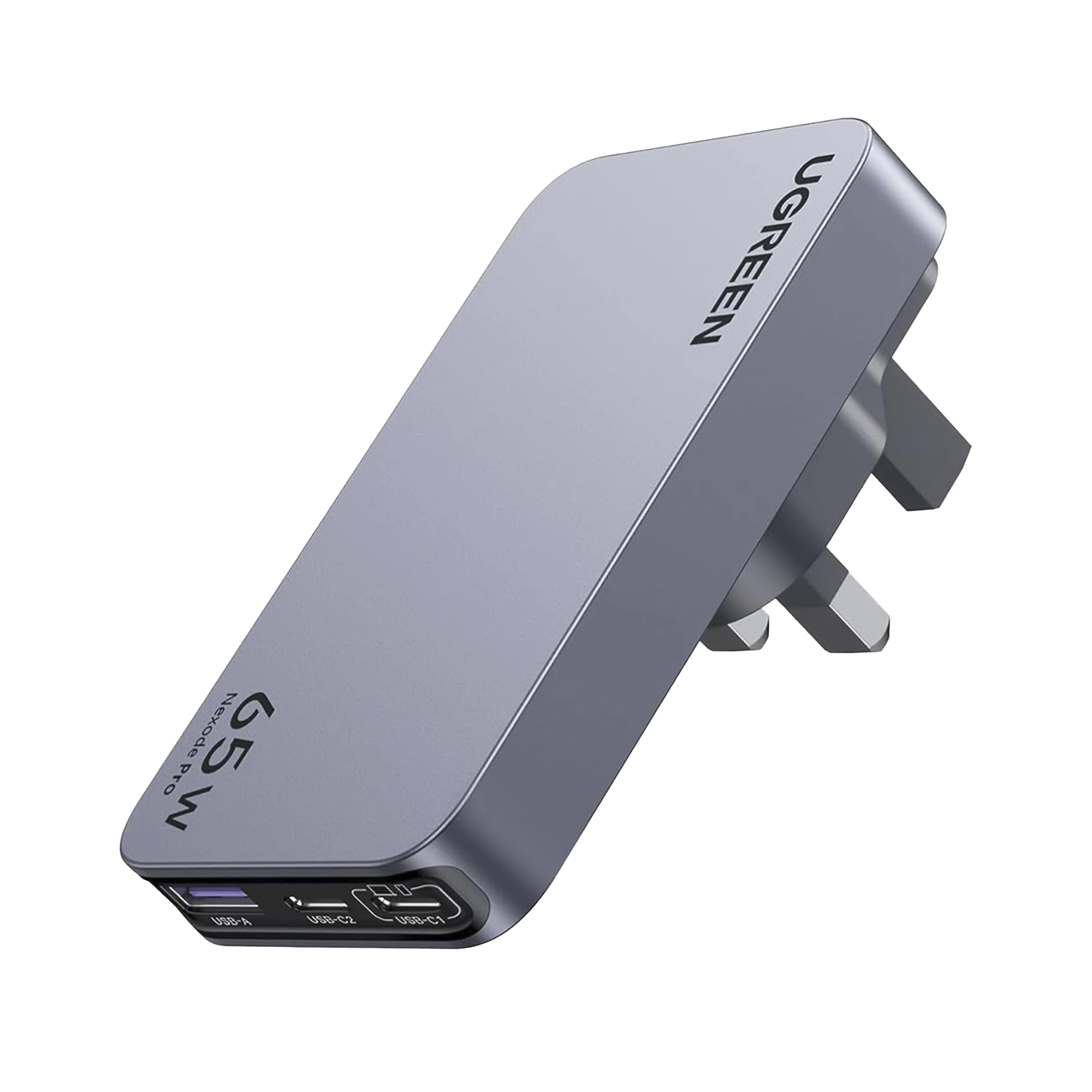 CARGADOR RÁPIDO DE VIAJE GAN DE 3 PUERTOS Y 65 W CON ENCHUFES DE EE. UU., REINO UNIDO Y UE.