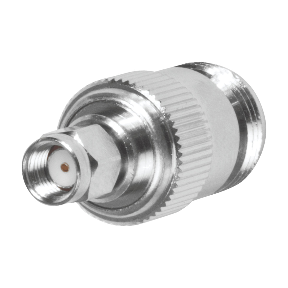 ADAPTADOR COAXIAL EN LÍNEA / SMA MACHO INVERSO A N HEMBRA / FRECUENCIA 18 GHZ / CUERPO BRONCE NIQUELADO / CONTACTO ORO / AISLANTE TEFLÓN [RP-3452]