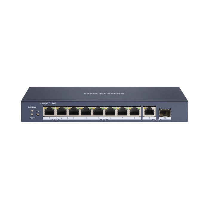 SWITCH POE+ / 6 PUERTOS POE+ / 2 PUERTOS POE++ / BT (90 W) / 1 PUERTO SFP / 1 PUERTO UPLINK GIGABIT / 300 MTS POE LARGA DISTANCIA-Inyectores PoE-HIKVISION-DS-3E0510HP-E-Bsai Seguridad & Controles