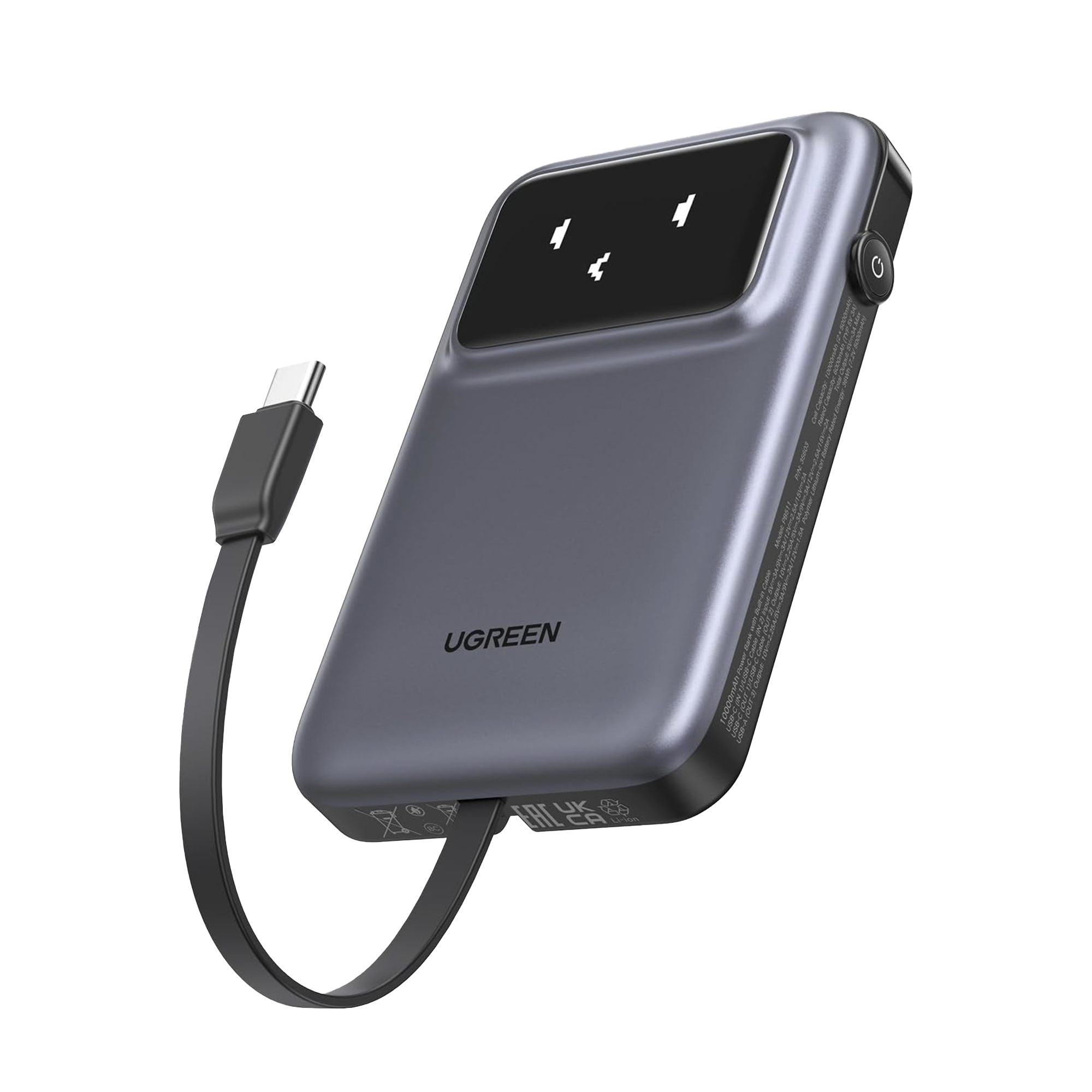 POWER BANK SERIE UNO |  10000MAH | 30W |  CON CABLE USB-C INCORPORADO | 2 SALIDAS 30W MAX. | PANTALLA INTELIGENTE | CARCASA IGNIFUGA | APROBADO POR AEROLÍNEAS.| COLOR GREY.